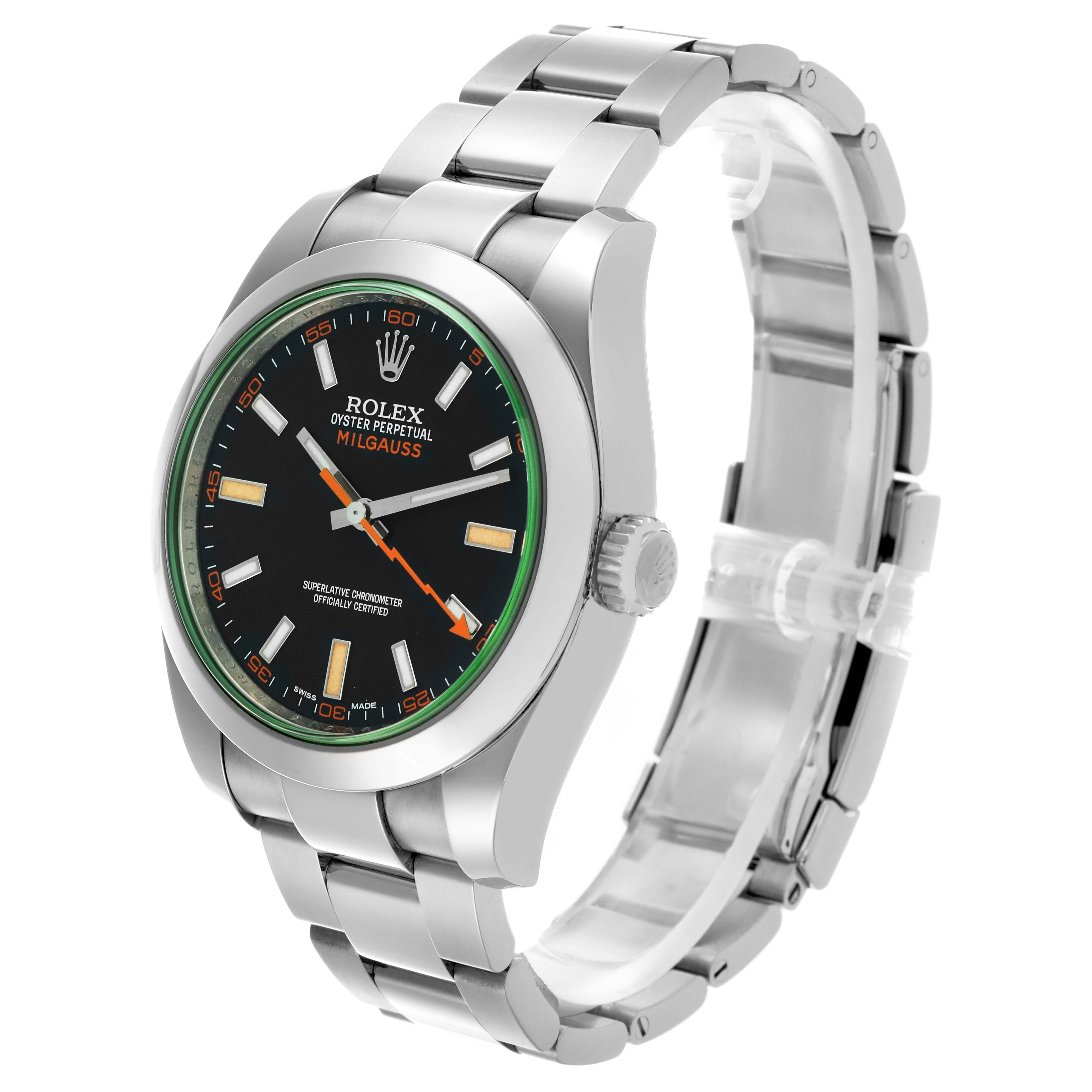 The Rolex Milgauss 116400 Men's Stainless Steel Black Dial 116400 Men's Stainless Steel Black Dial watch is shown at a three-quarter angle, displaying the face, case, and bracelet.