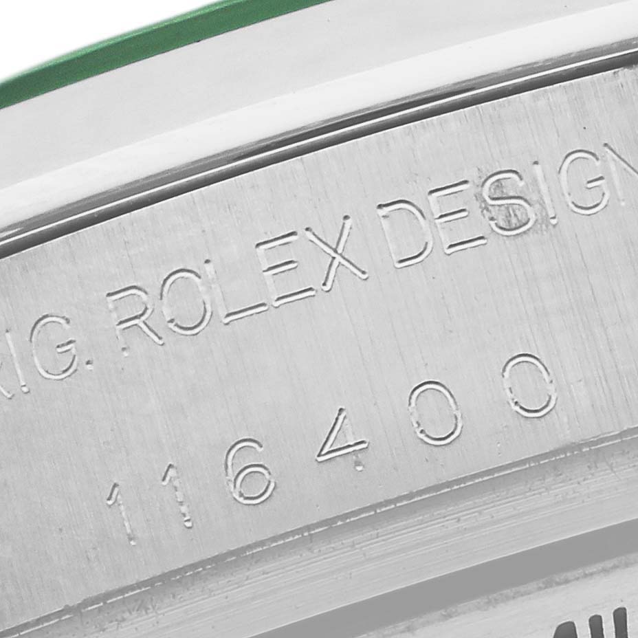 This image shows a close-up of the case side of a Rolex Milgauss 116400 Men's Stainless Steel Black Dial 116400 Men's Stainless Steel Black Dial displaying its engraved model number.