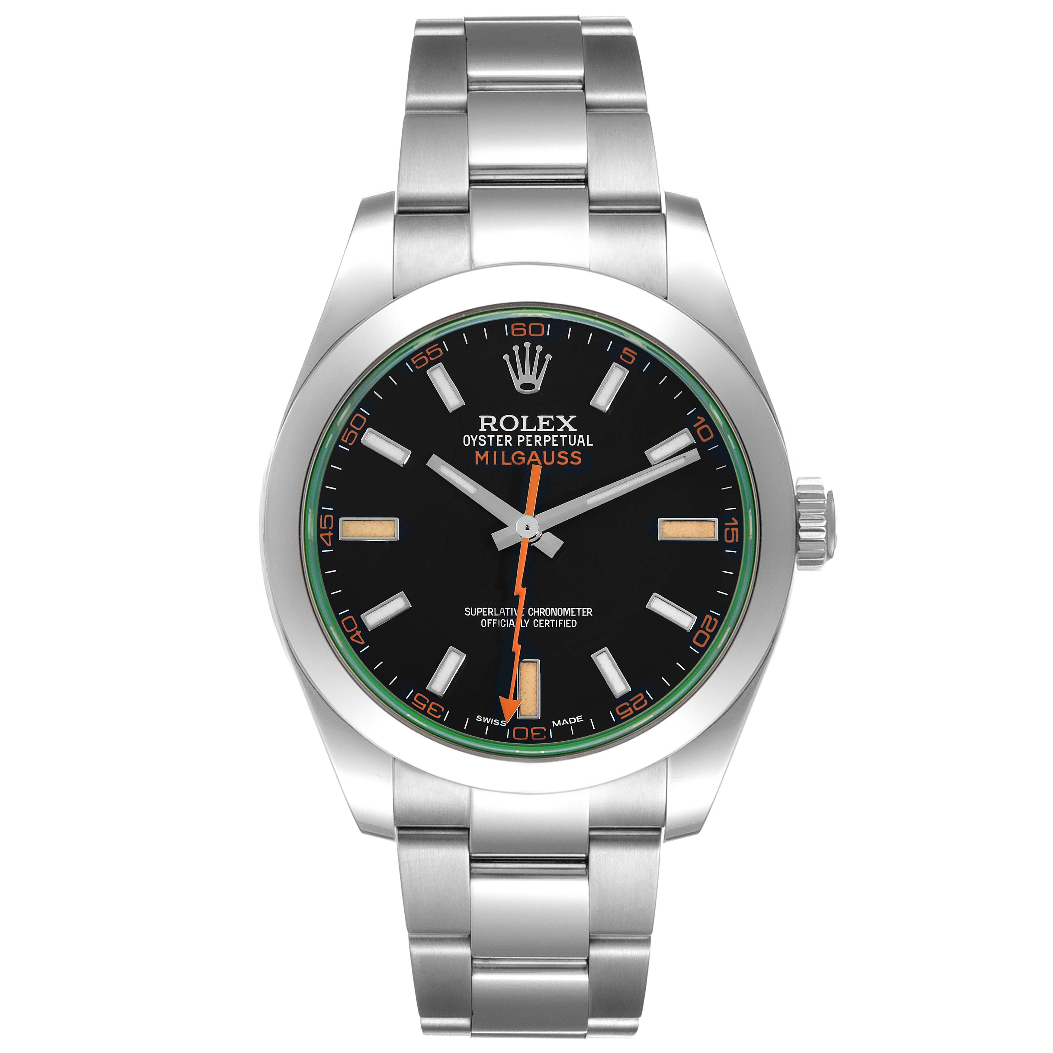 The Rolex Milgauss 116400 Men's Stainless Steel Black Dial 116400 Men's Stainless Steel Black Dial watch is shown from a front angle, displaying the face, hands, and full bracelet.