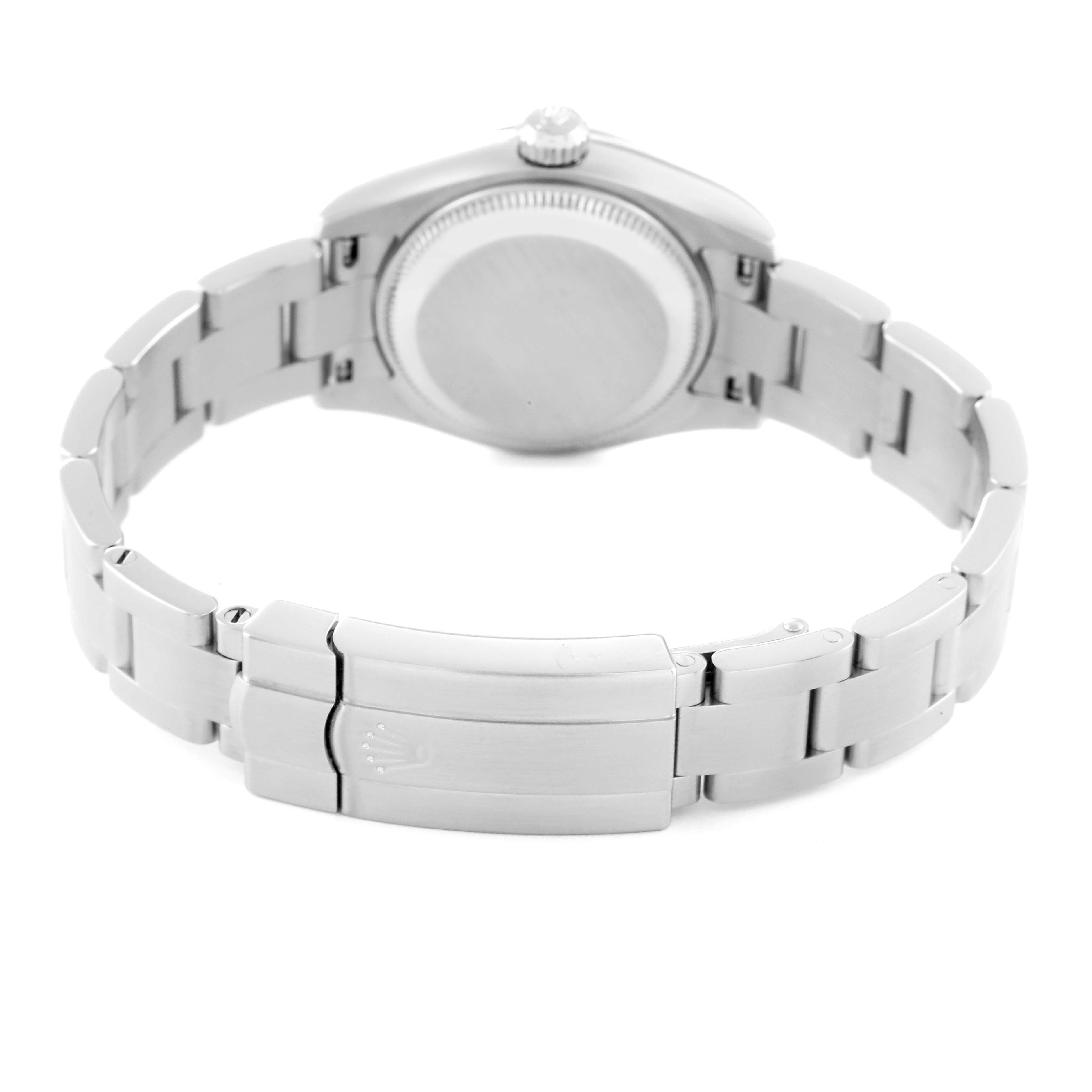 The image shows the back side of a Rolex Oyster Perpetual 176200 Women
s Stainless Steel Pink Dial 176200 Women
s Stainless Steel Pink Dial watch, highlighting the case back, bracelet, and clasp.