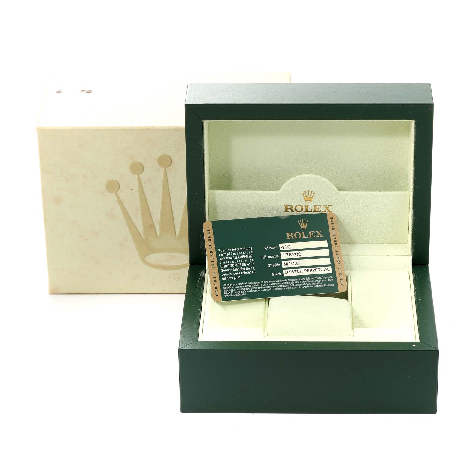 The image shows a Rolex Oyster Perpetual 176200 Women
s Stainless Steel Pink Dial 176200 Women
s Stainless Steel Pink Dial watch box and the certification card, viewed from the front.