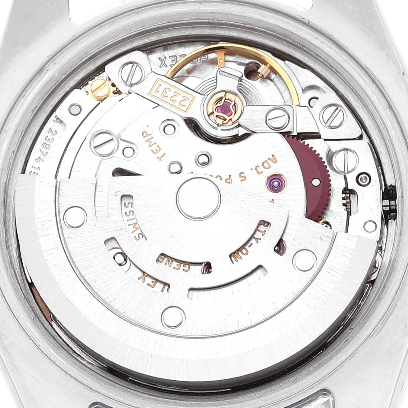 This image shows the internal movement mechanism of a Rolex Oyster Perpetual 176200 Women
s Stainless Steel Pink Dial 176200 Women
s Stainless Steel Pink Dial watch.