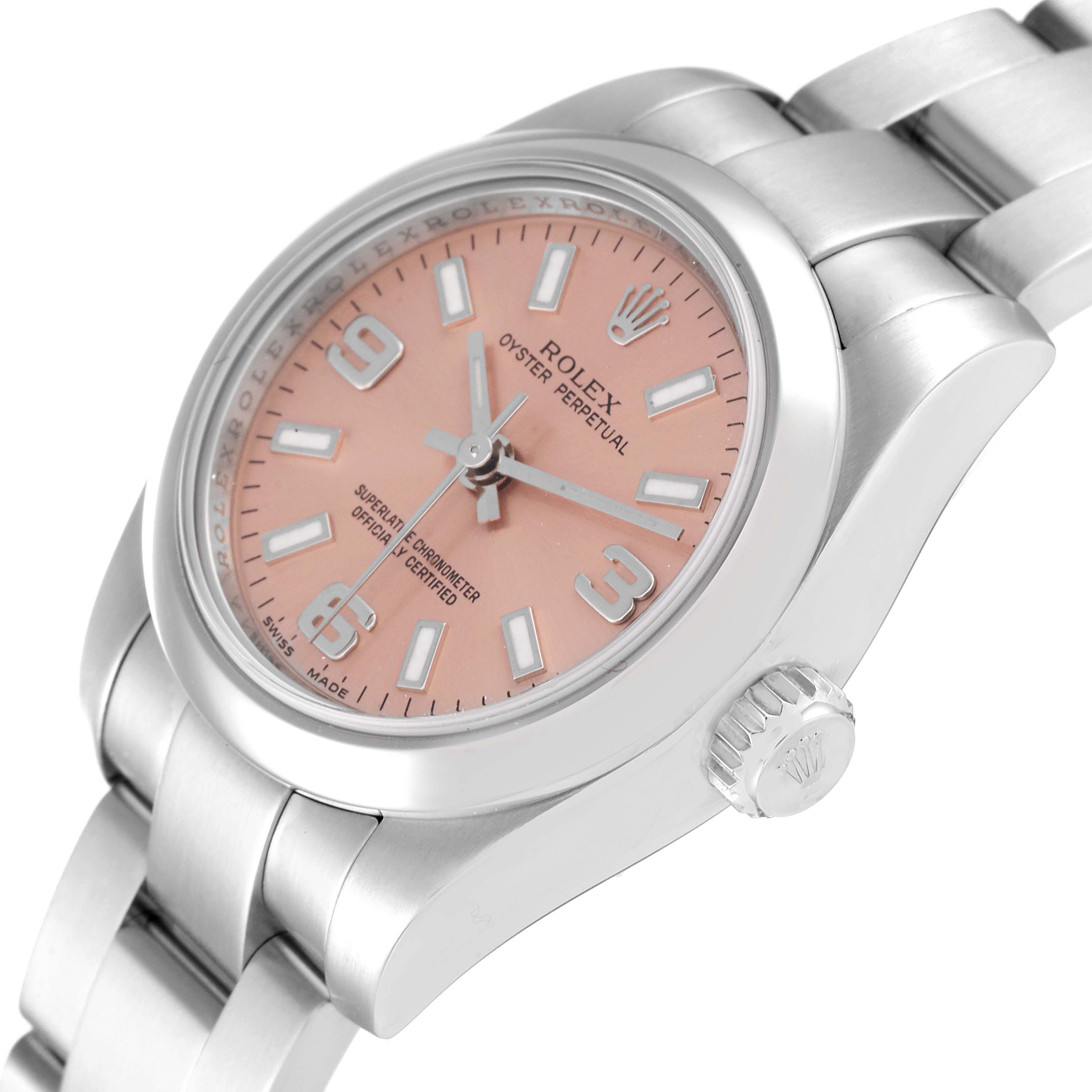 The image shows a Rolex Oyster Perpetual 176200 Women
s Stainless Steel Pink Dial 176200 Women
s Stainless Steel Pink Dial watch from a side angle, highlighting the dial, crown, and bracelet.
