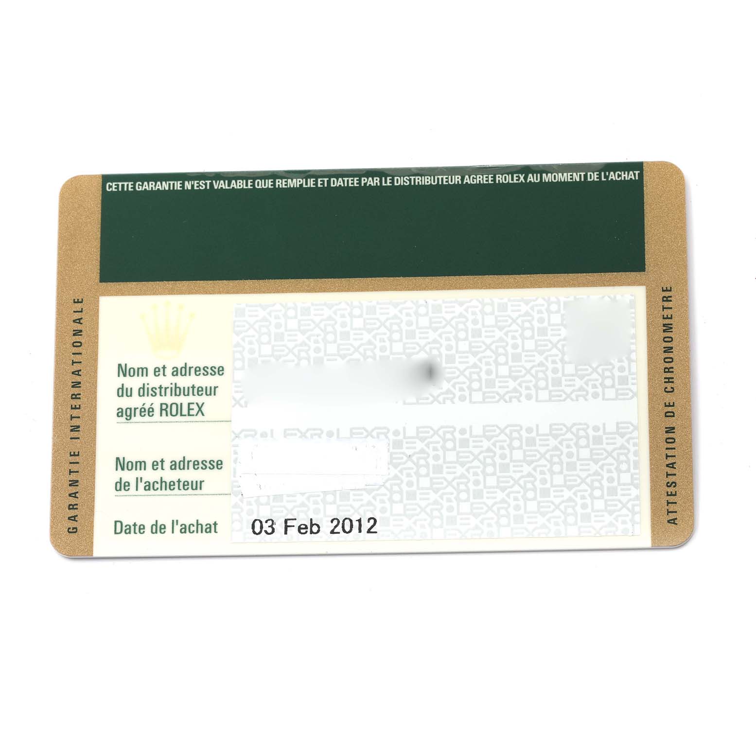 The image shows a warranty card for the Rolex Oyster Perpetual 176200 Women
s Stainless Steel Pink Dial 176200 Women
s Stainless Steel Pink Dial model.