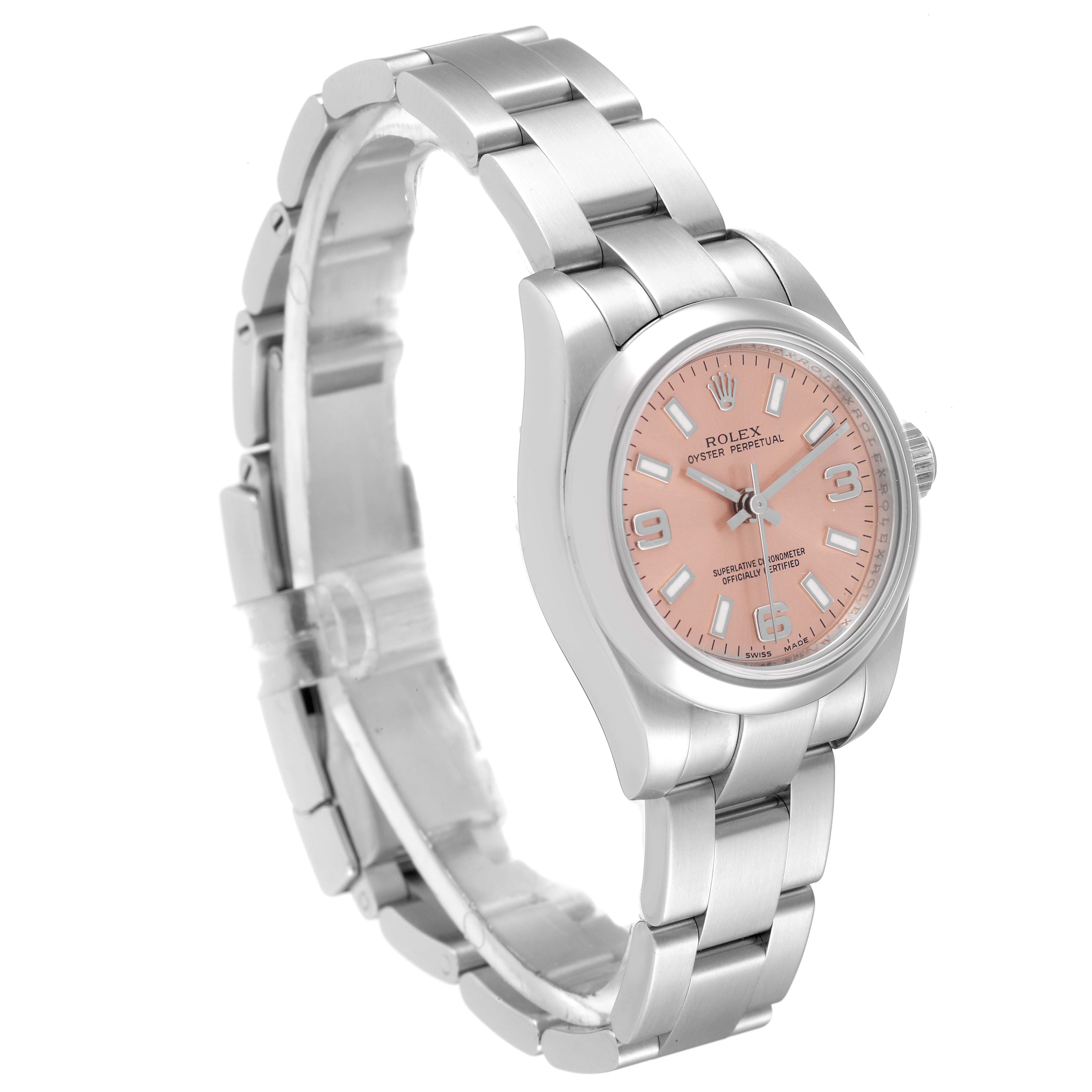 The image shows a side view of a Rolex Oyster Perpetual 176200 Women
s Stainless Steel Pink Dial 176200 Women
s Stainless Steel Pink Dial watch, highlighting its bracelet, case, and pink dial.