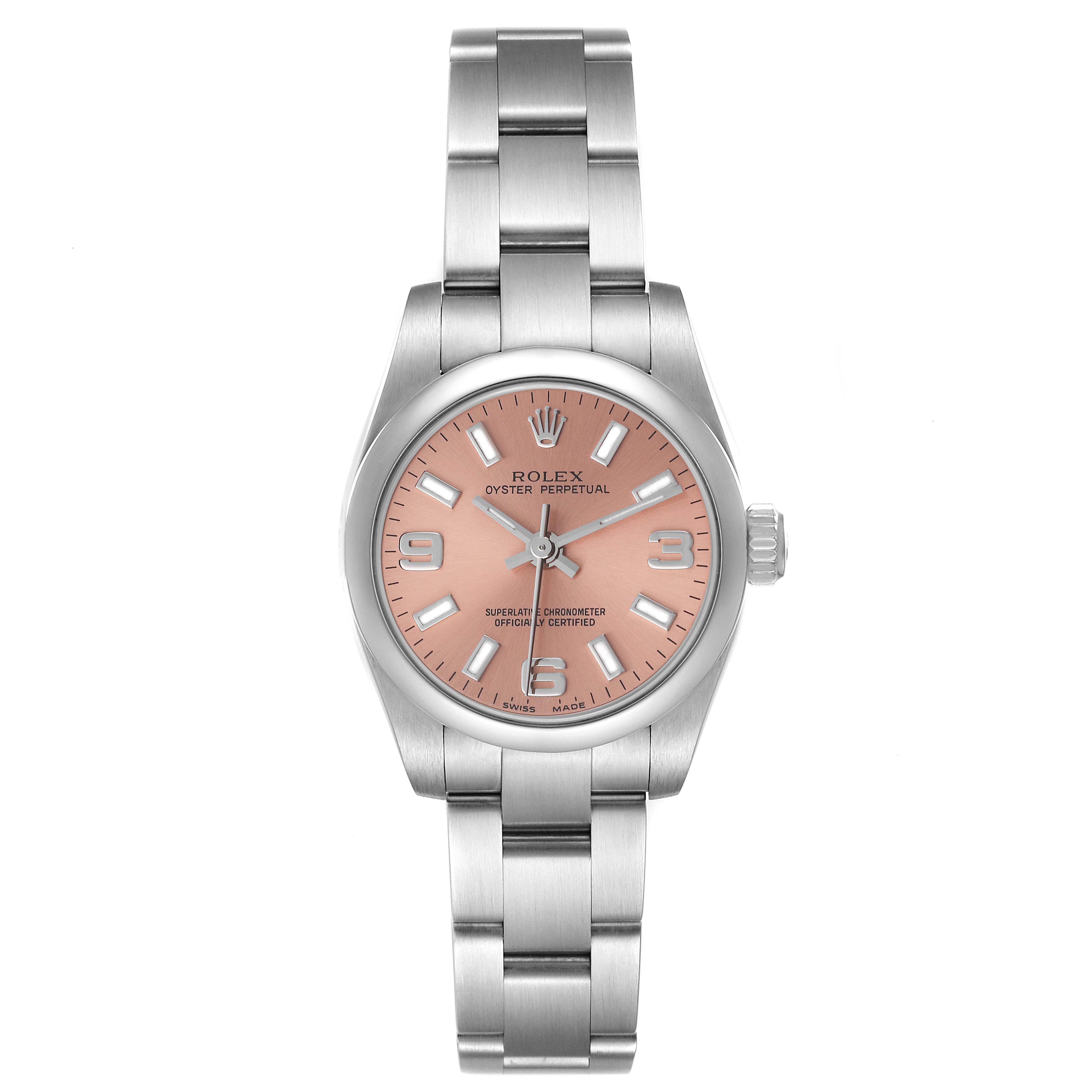 The Rolex Oyster Perpetual 176200 Women
s Stainless Steel Pink Dial 176200 Women
s Stainless Steel Pink Dial watch is shown from a front angle displaying its face, bracelet, and crown.
