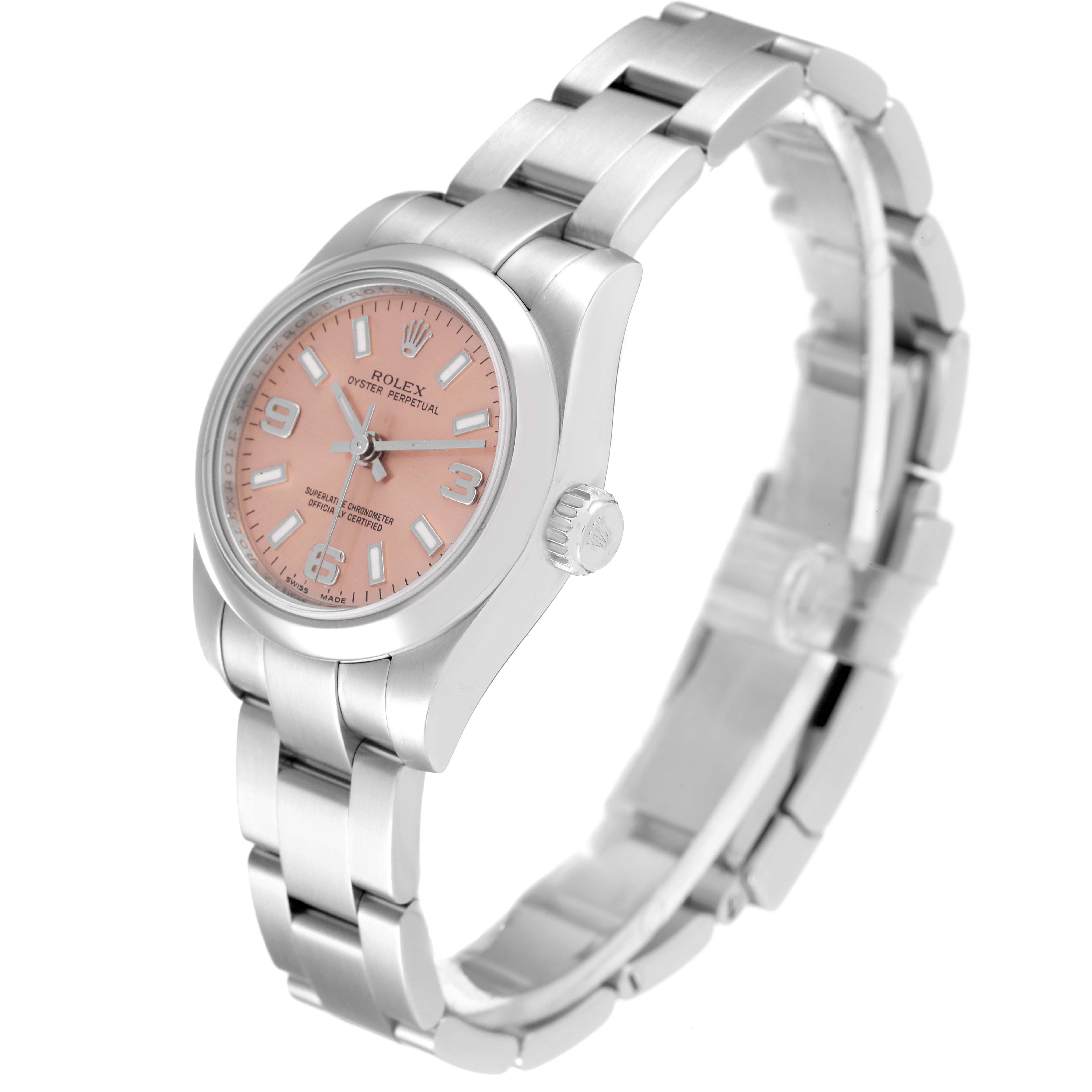 The angle shows a side view of the Rolex Oyster Perpetual 176200 Women
s Stainless Steel Pink Dial 176200 Women
s Stainless Steel Pink Dial watch, displaying the face, bracelet, and crown.