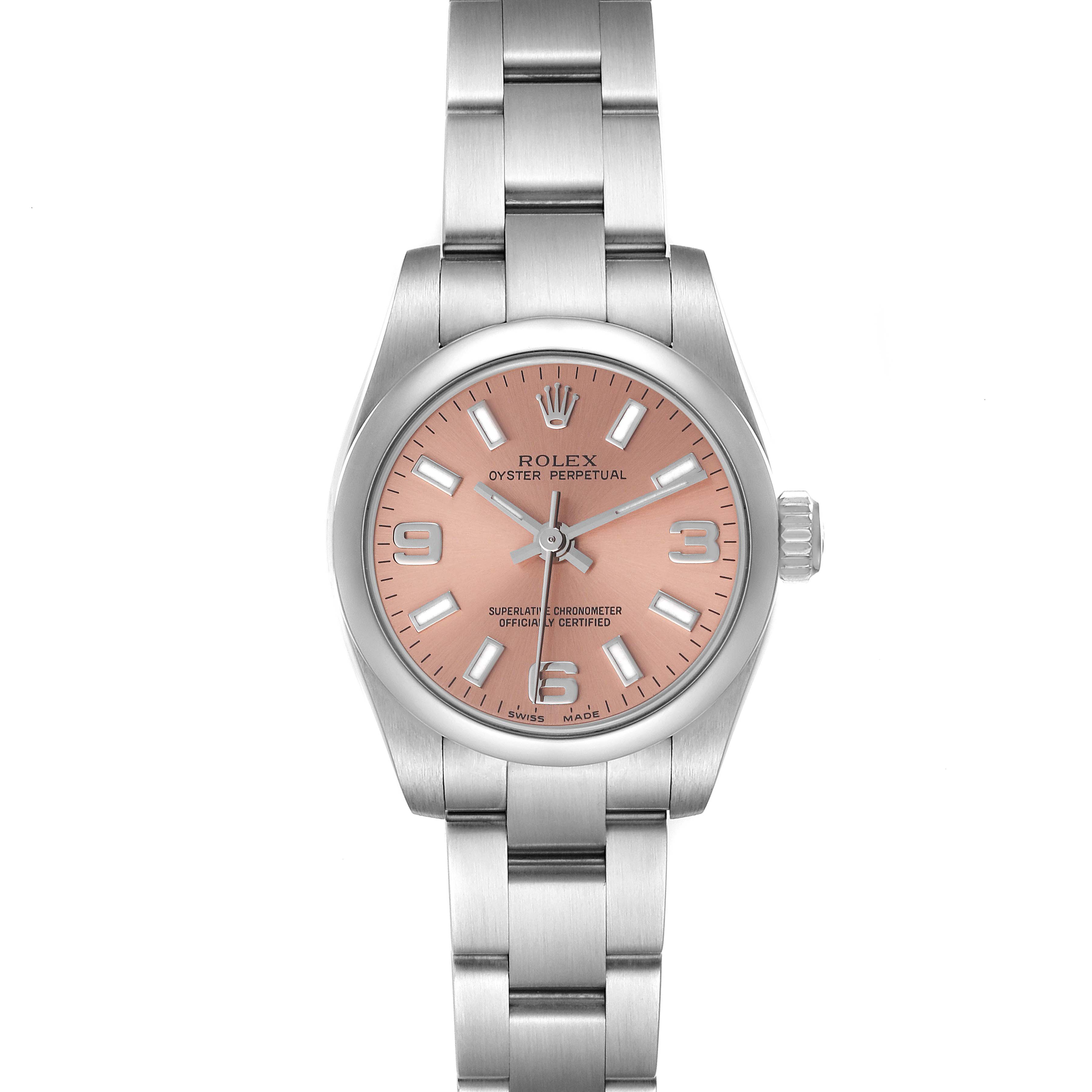 The image shows a front view of the Rolex Oyster Perpetual 176200 Women
s Stainless Steel Pink Dial 176200 Women
s Stainless Steel Pink Dial watch, highlighting its salmon dial, hour markers, and stainless steel bracelet.