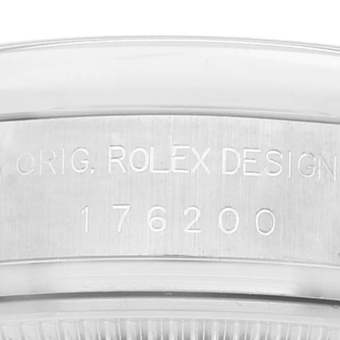 This image shows the case back engraving of the Rolex Oyster Perpetual 176200 Women
s Stainless Steel Pink Dial 176200 Women
s Stainless Steel Pink Dial model with the design number 176200.