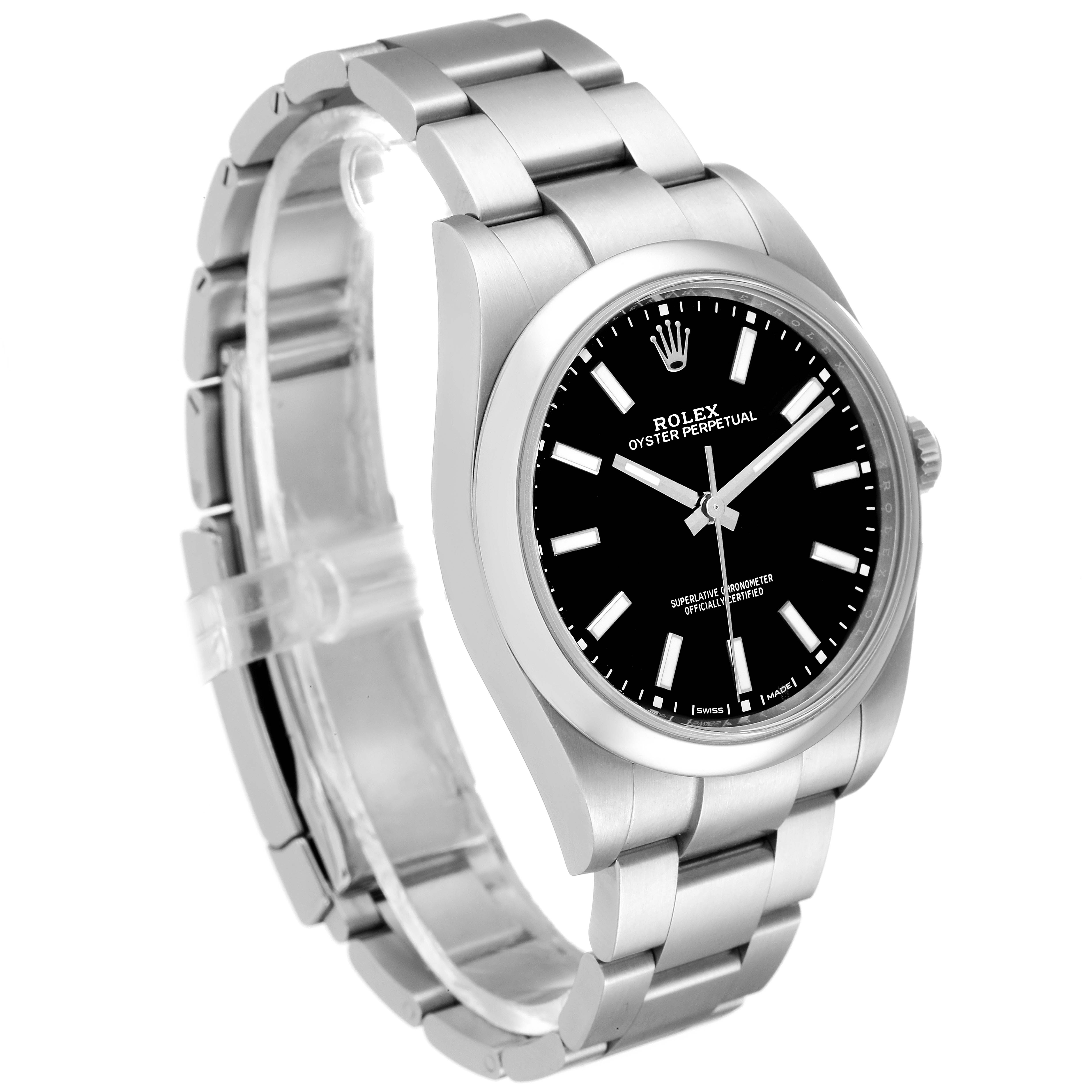 The image shows a Rolex Oyster Perpetual 114300 Men
s Stainless Steel Black Dial 114300 Men
s Stainless Steel Black Dial watch at a three-quarter angle, displaying the face, bezel, and metal bracelet.
