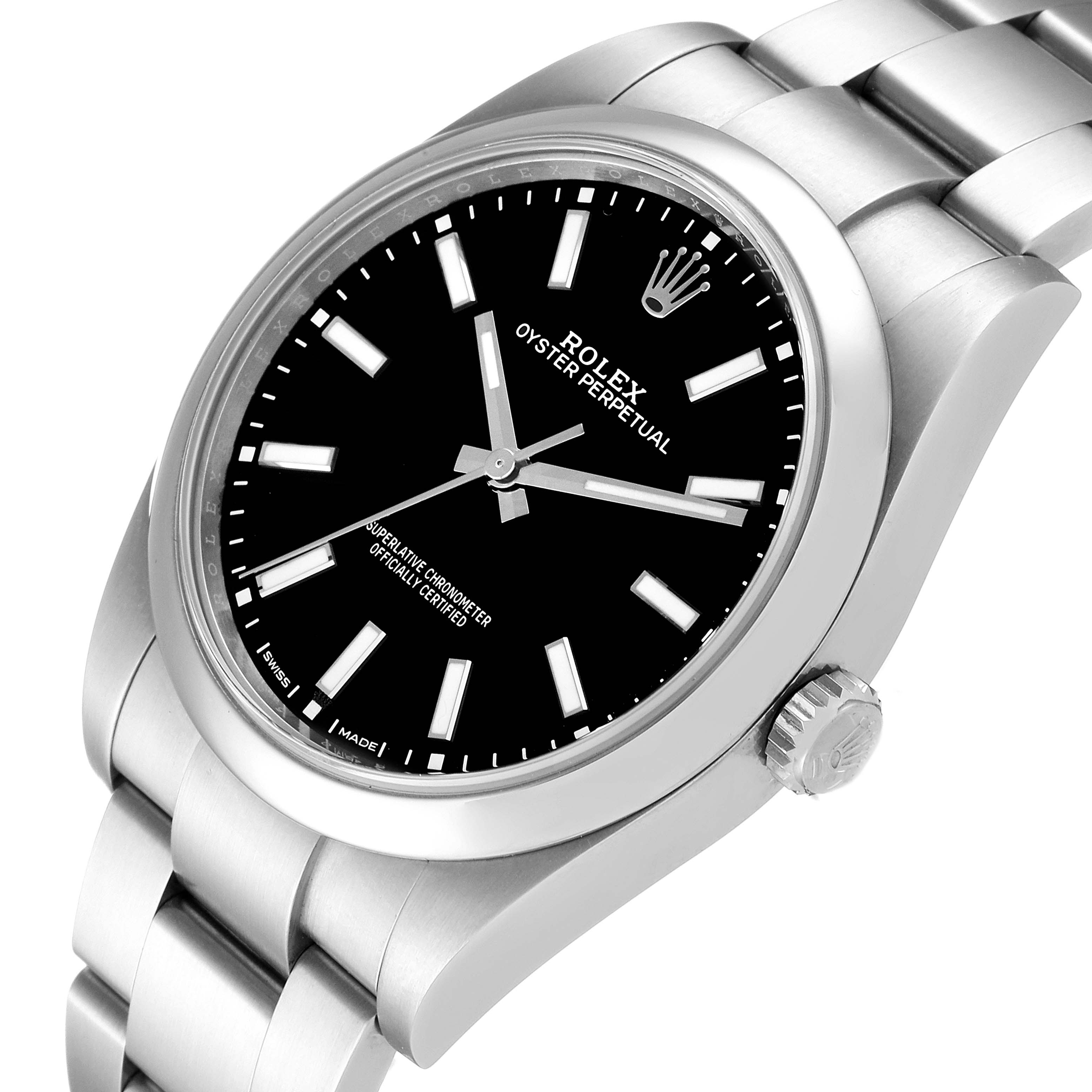 The image shows the face, bezel, crown, and part of the bracelet of a Rolex Oyster Perpetual 114300 Men
s Stainless Steel Black Dial 114300 Men
s Stainless Steel Black Dial watch at a three-quarter angle.