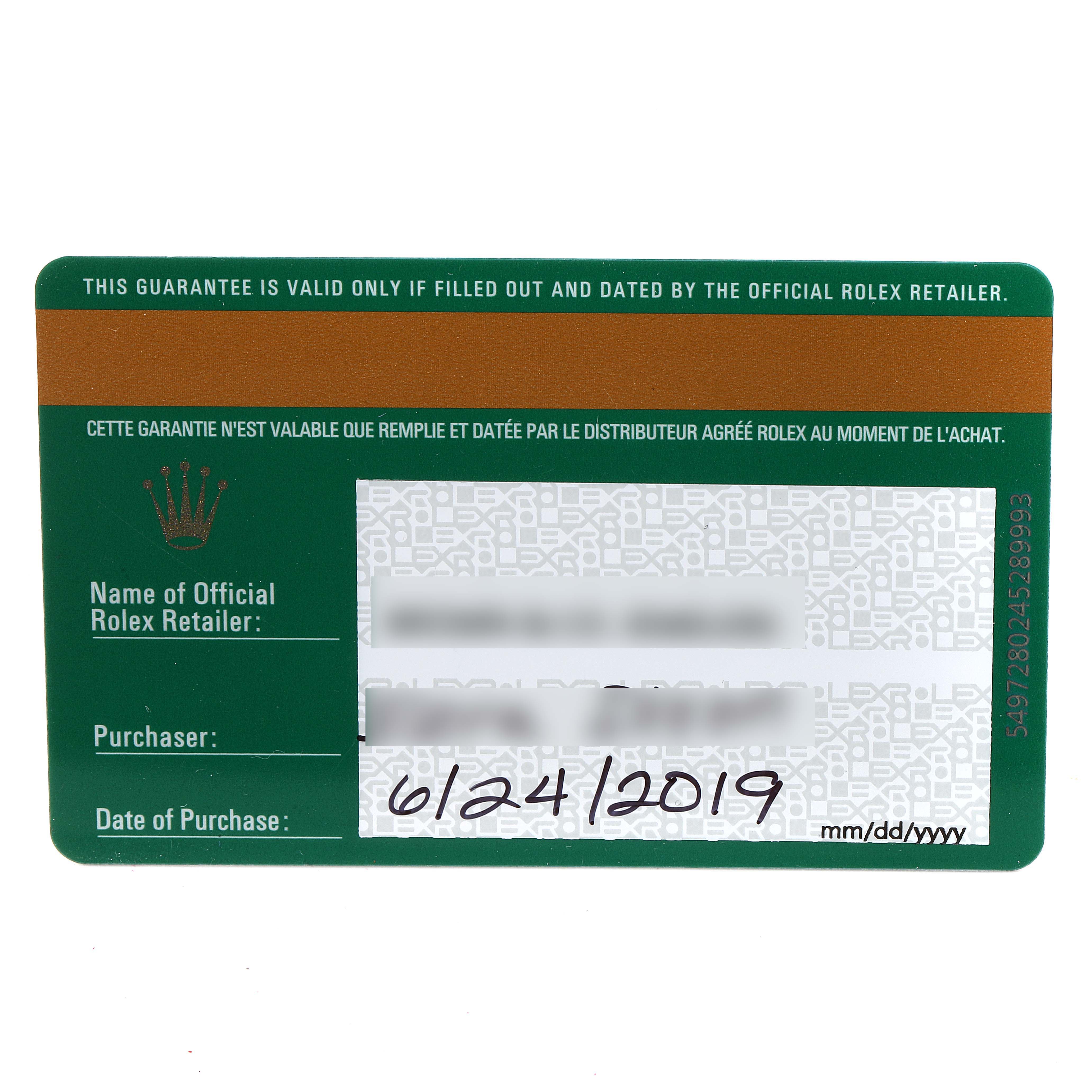 This image shows the guarantee card for a Rolex Oyster Perpetual 114300 Men
s Stainless Steel Black Dial 114300 Men
s Stainless Steel Black Dial watch, including purchase and retailer details.