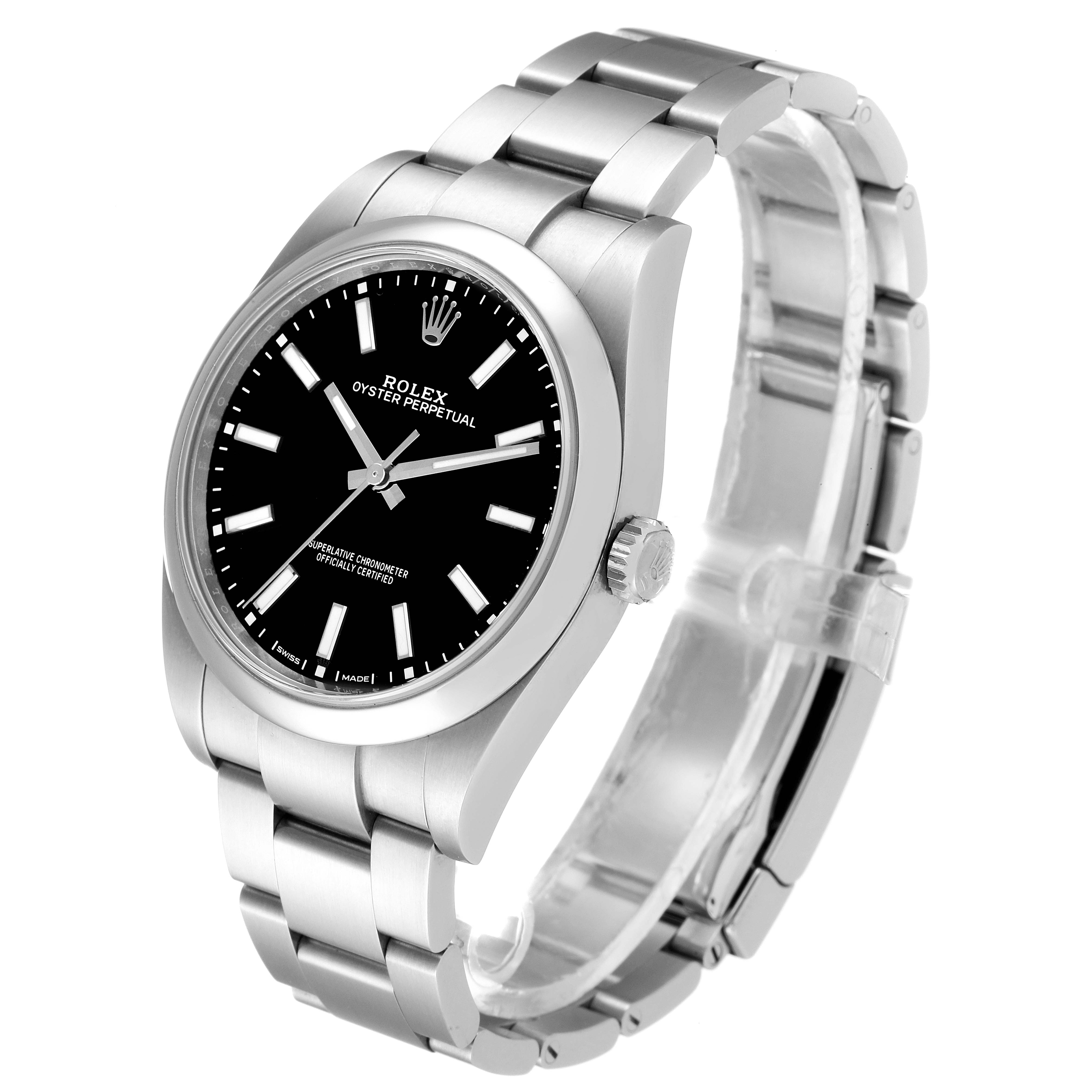The image shows a Rolex Oyster Perpetual 114300 Men
s Stainless Steel Black Dial 114300 Men
s Stainless Steel Black Dial watch at a three-quarter angle, highlighting the watch face, bracelet, and crown.
