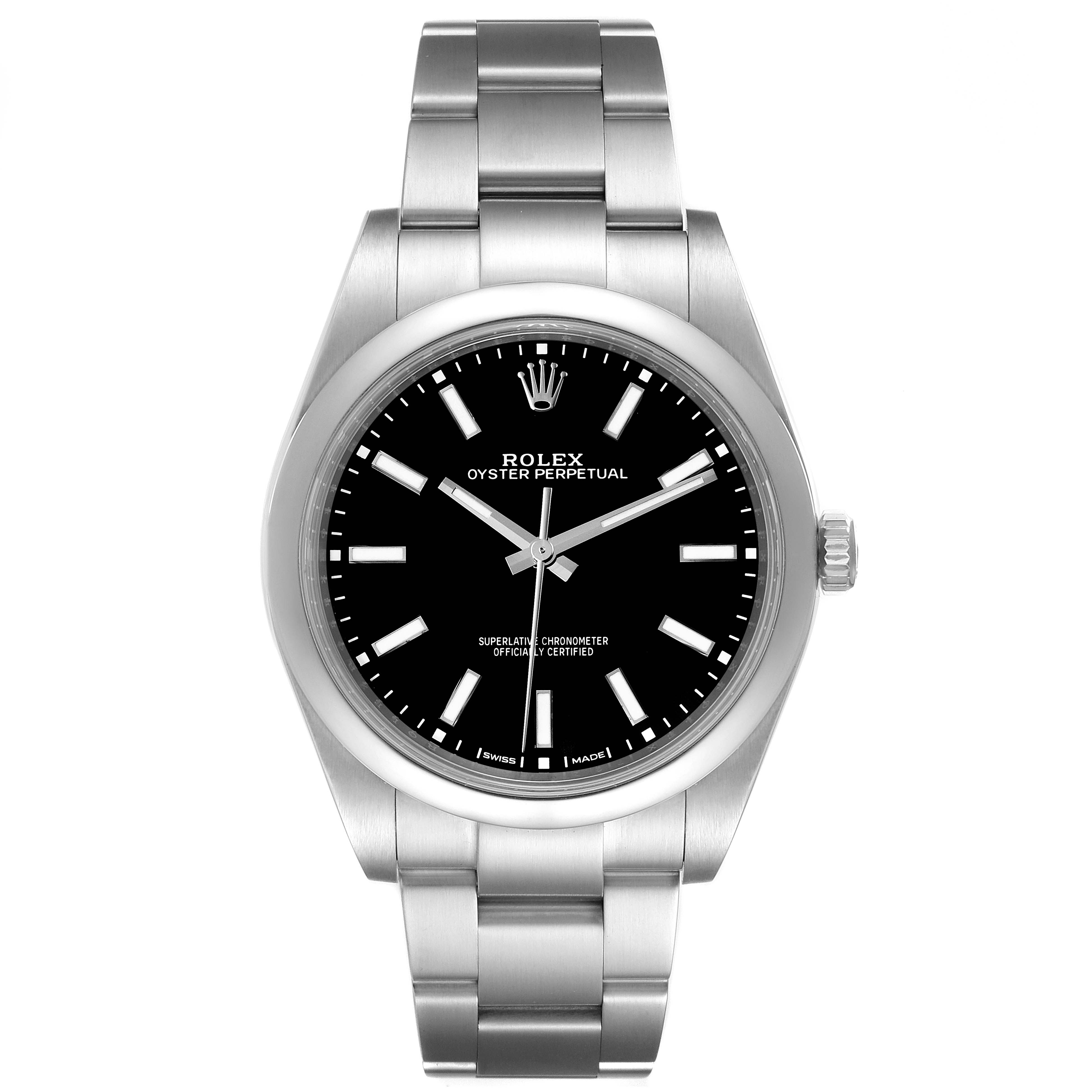 The image shows a front view of a Rolex Oyster Perpetual 114300 Men
s Stainless Steel Black Dial 114300 Men
s Stainless Steel Black Dial watch, highlighting its black dial, silver hands, and stainless steel bracelet.