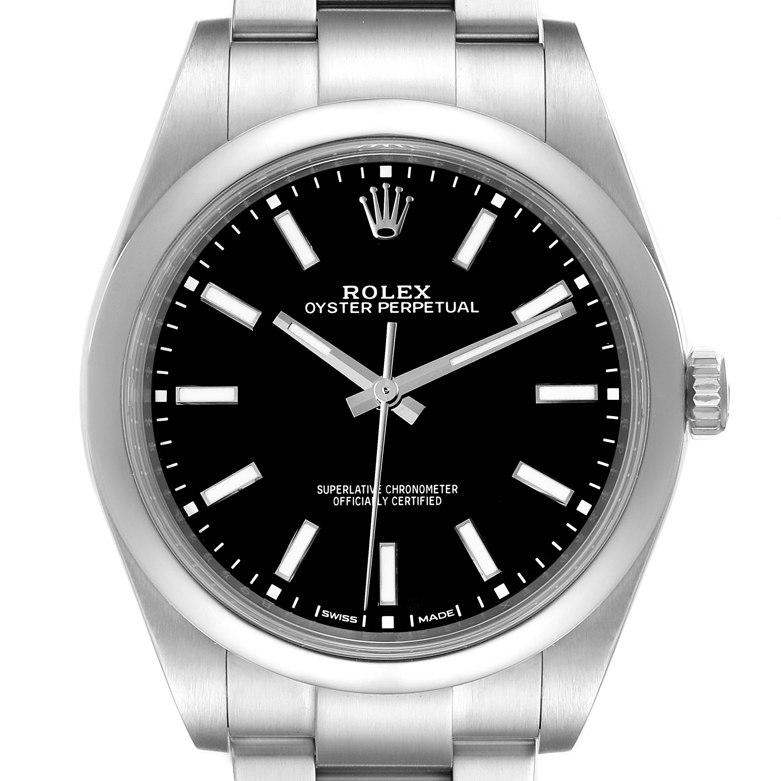 The image shows a front view of the Rolex Oyster Perpetual 114300 Men
s Stainless Steel Black Dial 114300 Men
s Stainless Steel Black Dial watch, highlighting its black dial, silver hour markers, and stainless steel bracelet.