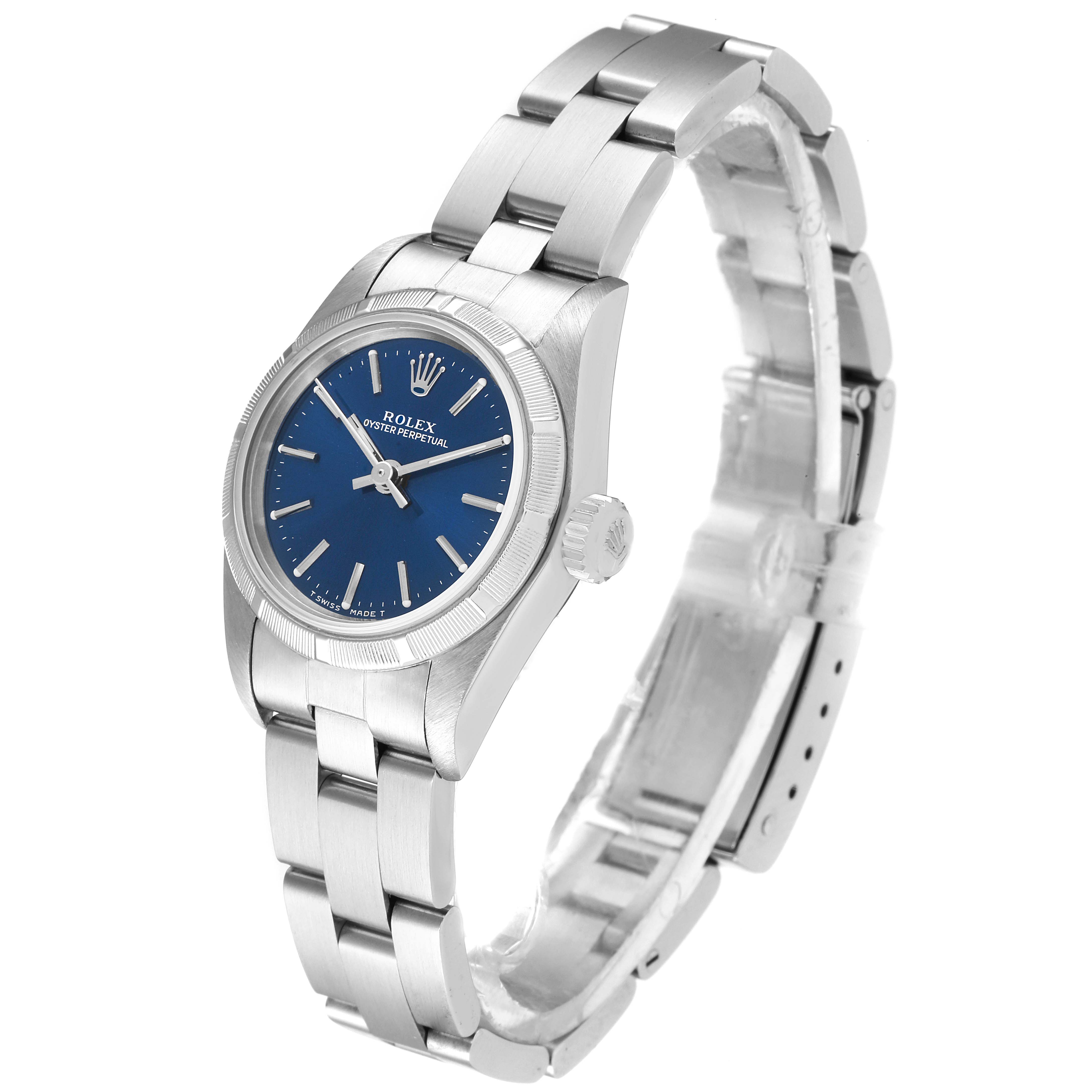 The Rolex Oyster Perpetual 67230 Women's Stainless Steel Blue Dial 67230 Women's Stainless Steel Blue Dial watch is shown at a slight angle displaying the blue dial, bezel, crown, and part of the bracelet.