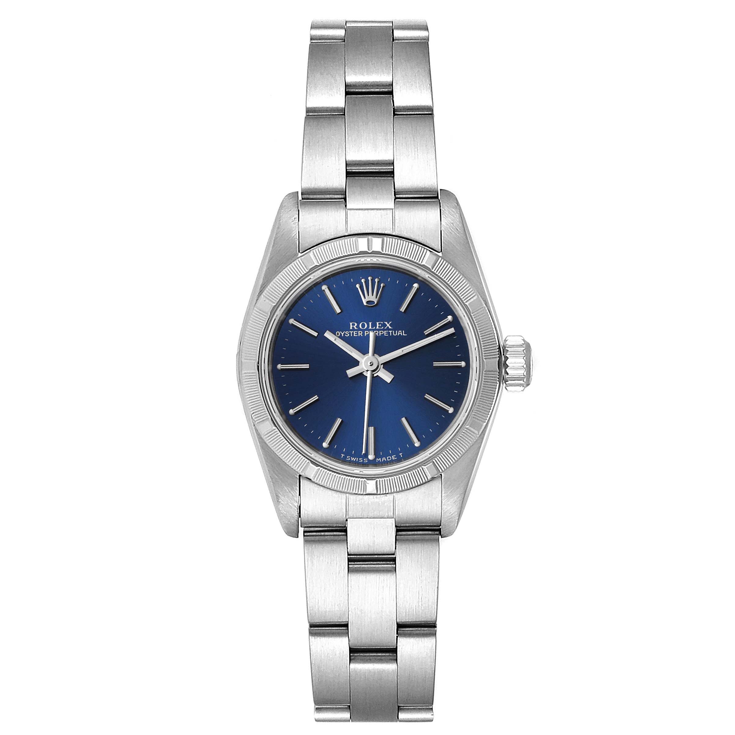 This image shows a front view of a Rolex Oyster Perpetual 67230 Women's Stainless Steel Blue Dial 67230 Women's Stainless Steel Blue Dial watch, displaying the face, bezel, and bracelet.