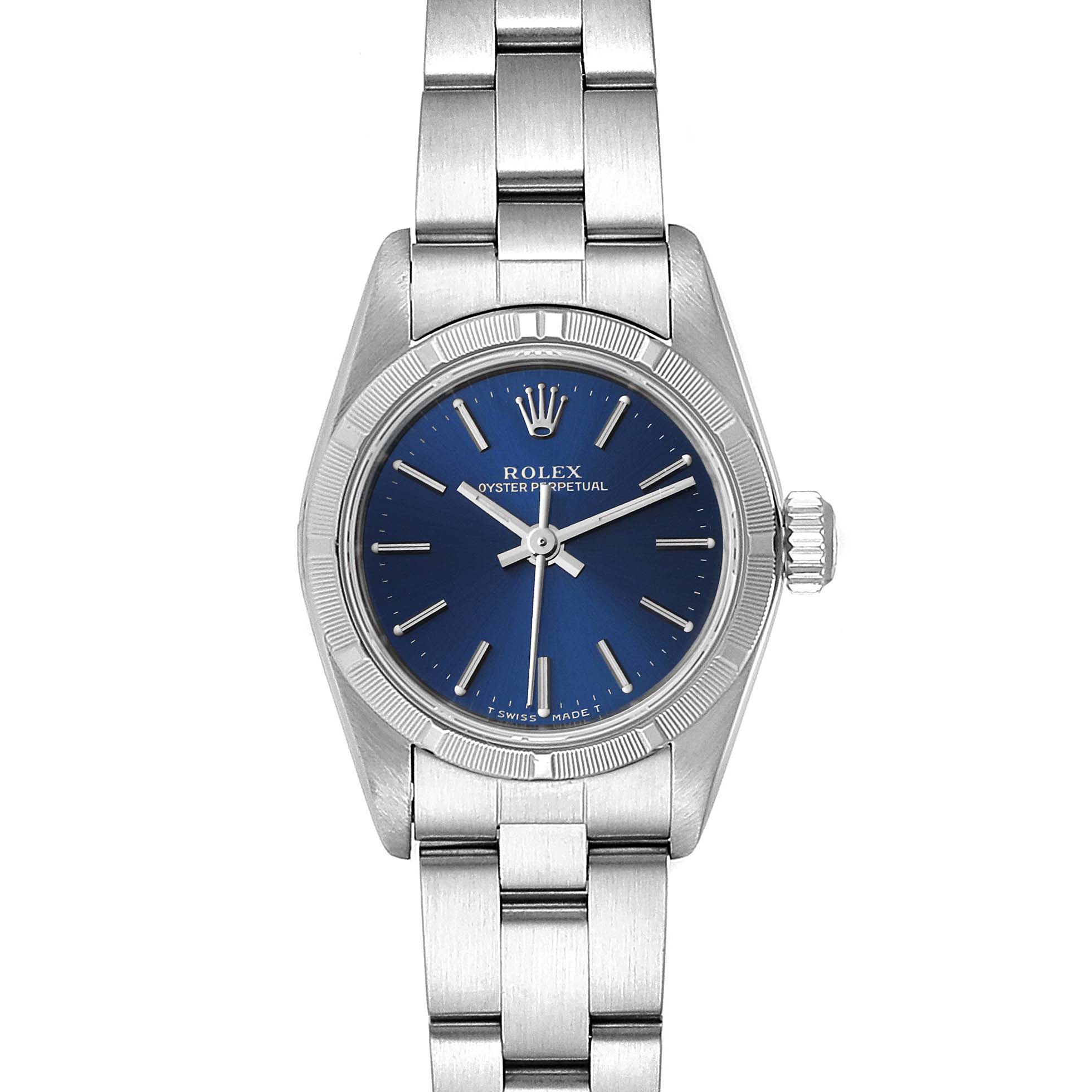This Rolex Oyster Perpetual 67230 Women's Stainless Steel Blue Dial 67230 Women's Stainless Steel Blue Dial watch is shown from a top-down angle, highlighting its blue dial, bezel, and bracelet.