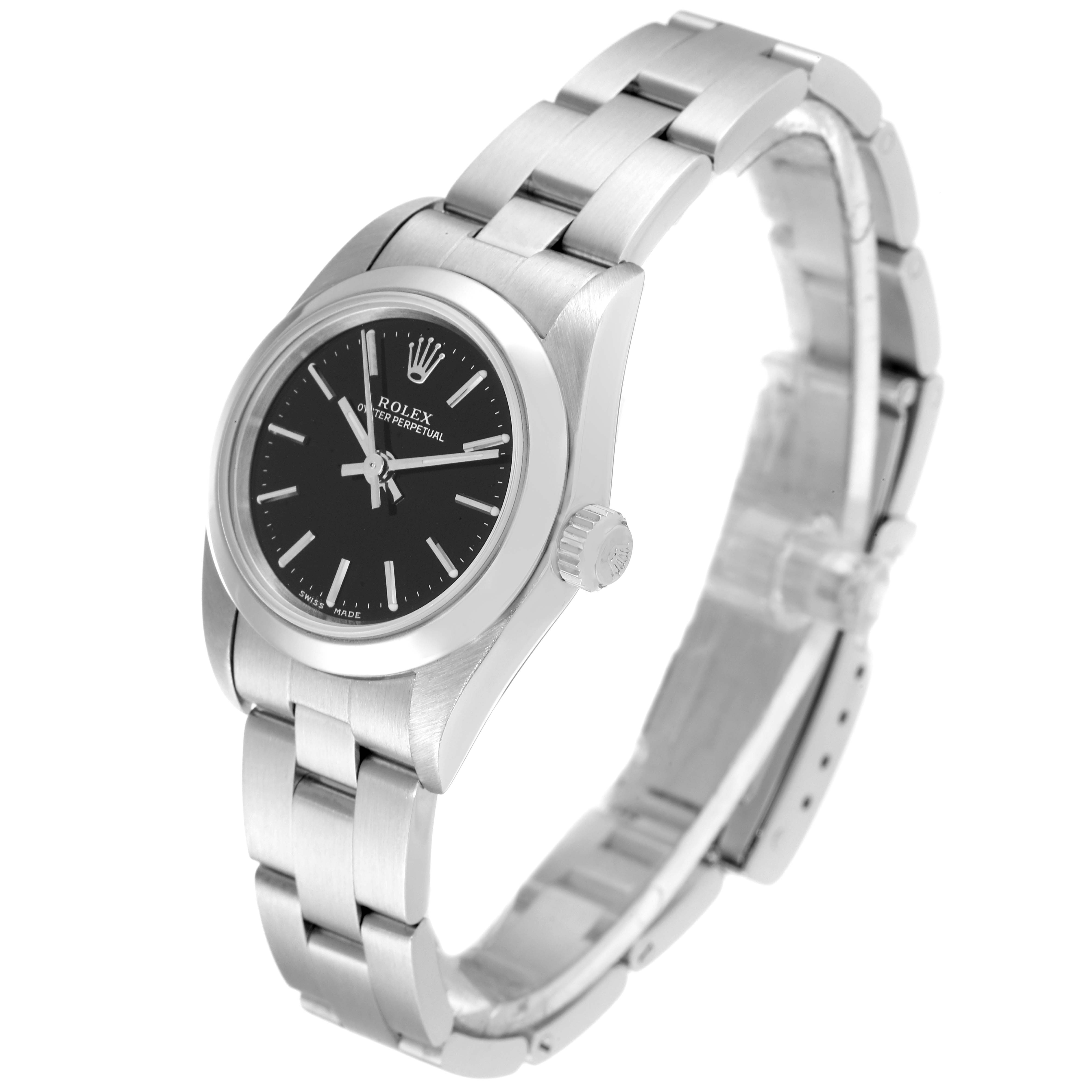 The image shows a Rolex Oyster Perpetual 76080 Women's Stainless Steel Black Dial 76080 Women's Stainless Steel Black Dial watch at a slight angle, highlighting its black dial, case, bracelet, and crown.