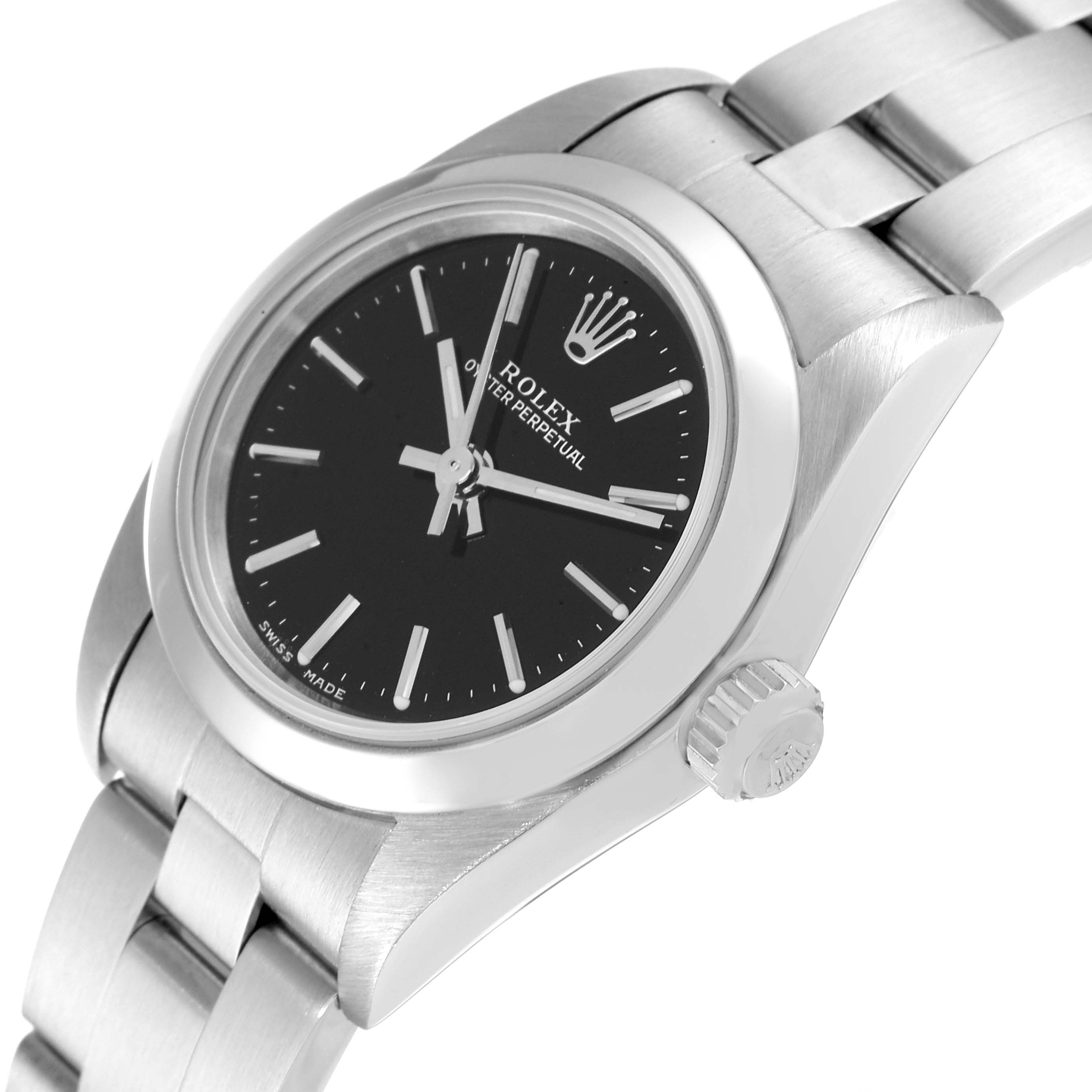 This image shows an angled view of a Rolex Oyster Perpetual 76080 Women's Stainless Steel Black Dial 76080 Women's Stainless Steel Black Dial watch, highlighting its dial, crown, and stainless steel bracelet.