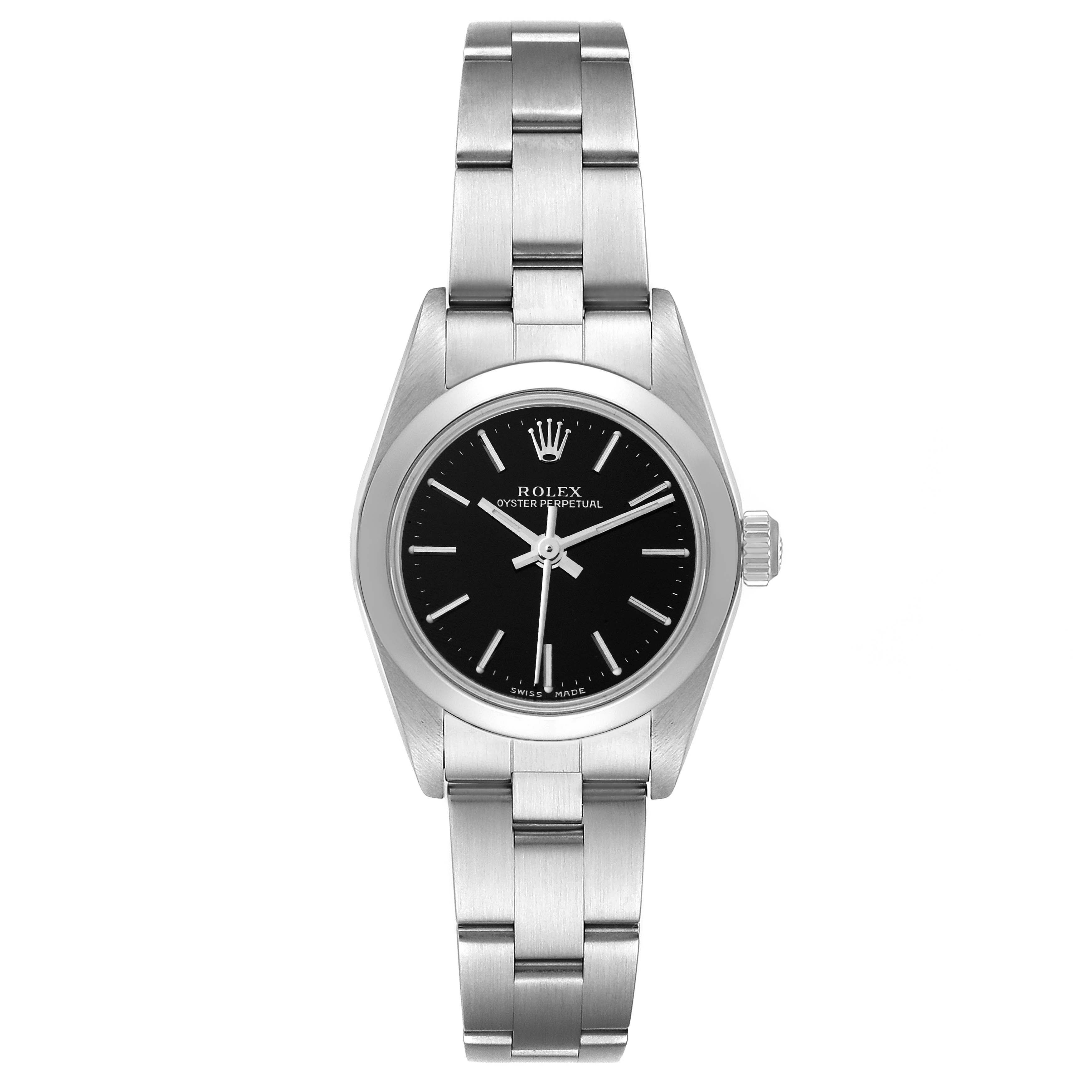 This image shows a front view of the Rolex Oyster Perpetual 76080 Women's Stainless Steel Black Dial 76080 Women's Stainless Steel Black Dial watch with a black dial and stainless steel bracelet.