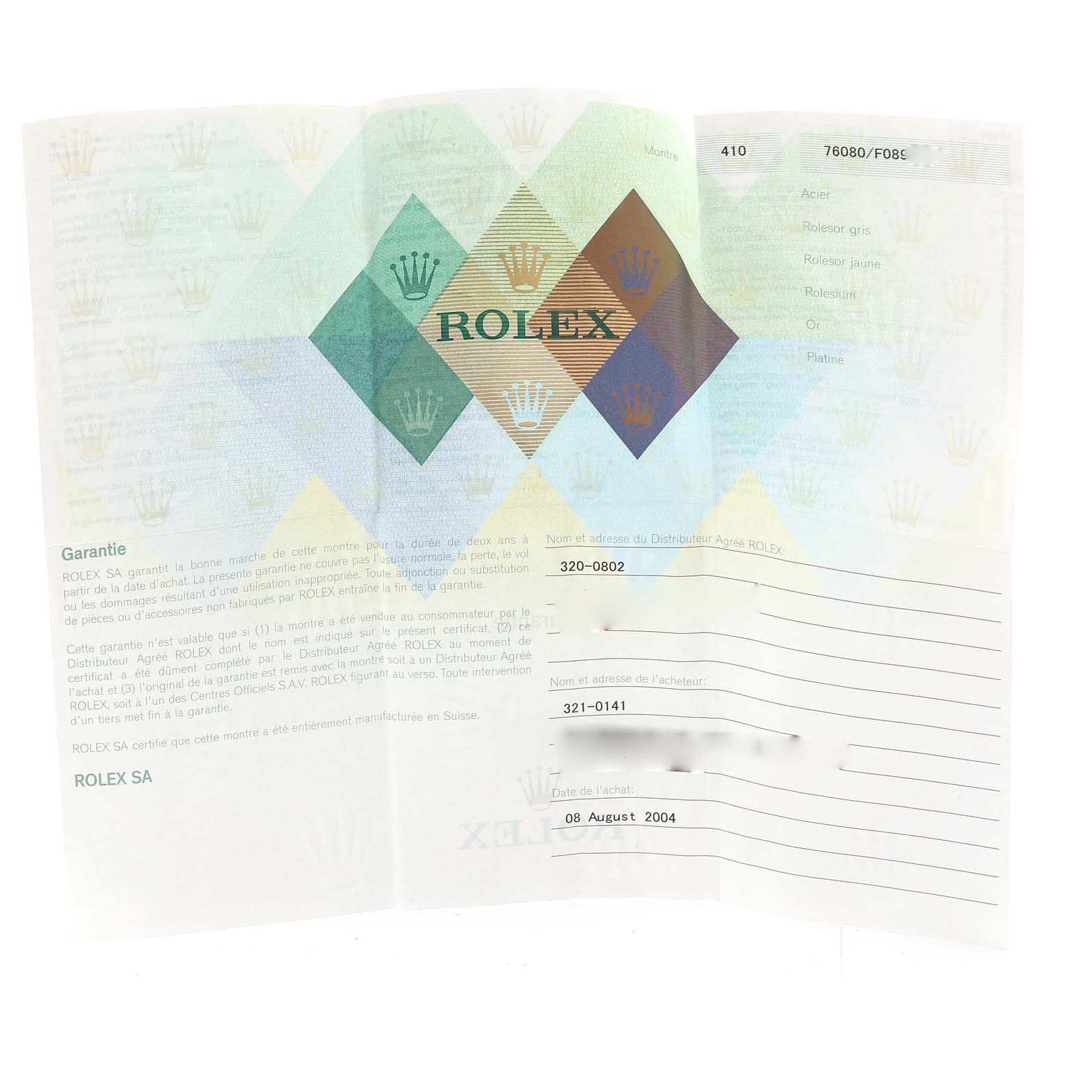 The image shows the warranty and certification paper for the Rolex Oyster Perpetual 76080 Women's Stainless Steel Black Dial 76080 Women's Stainless Steel Black Dial model, displaying text and logos.