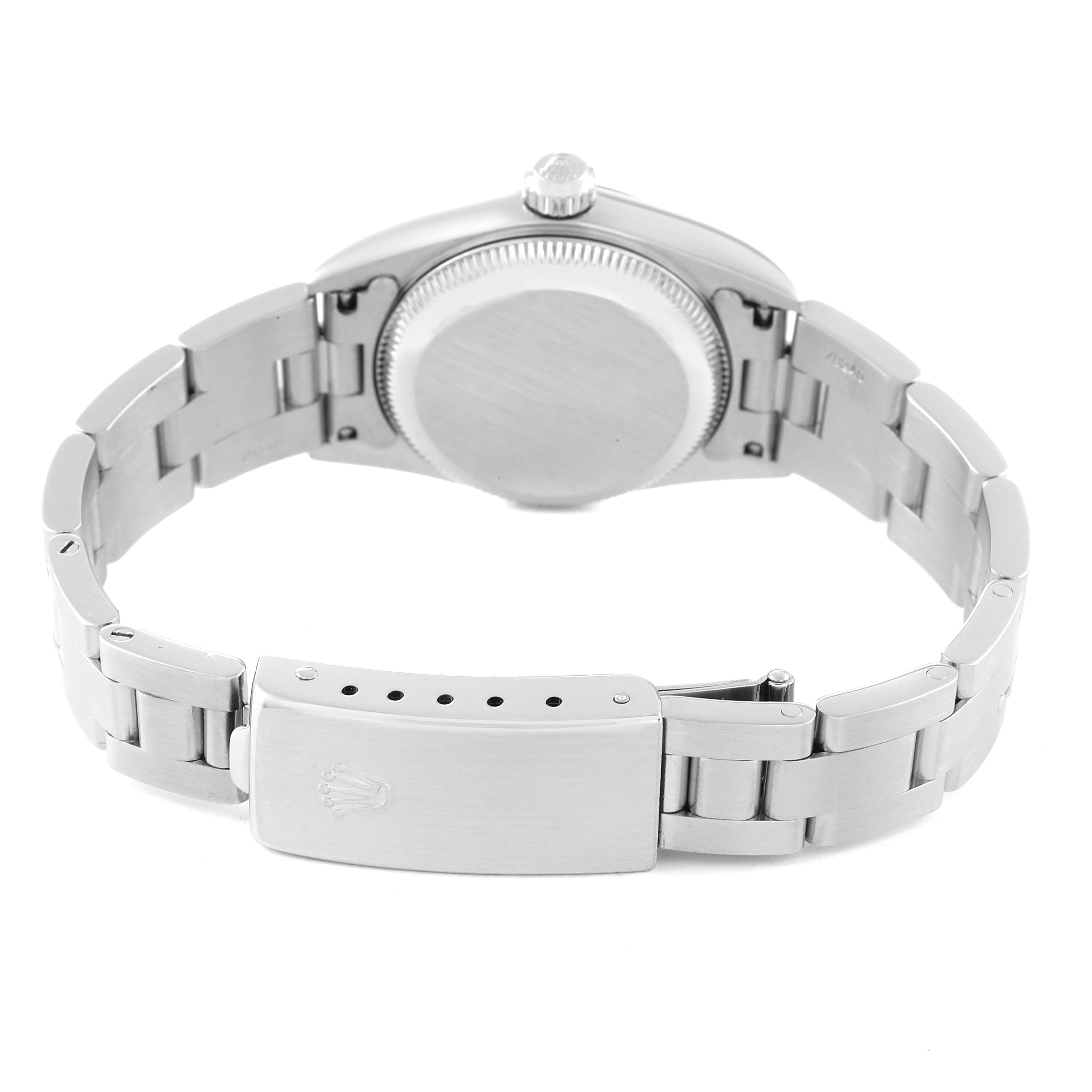 This image shows the back view of the Rolex Oyster Perpetual 76080 Women's Stainless Steel Black Dial 76080 Women's Stainless Steel Black Dial watch, emphasizing the clasp and bracelet.