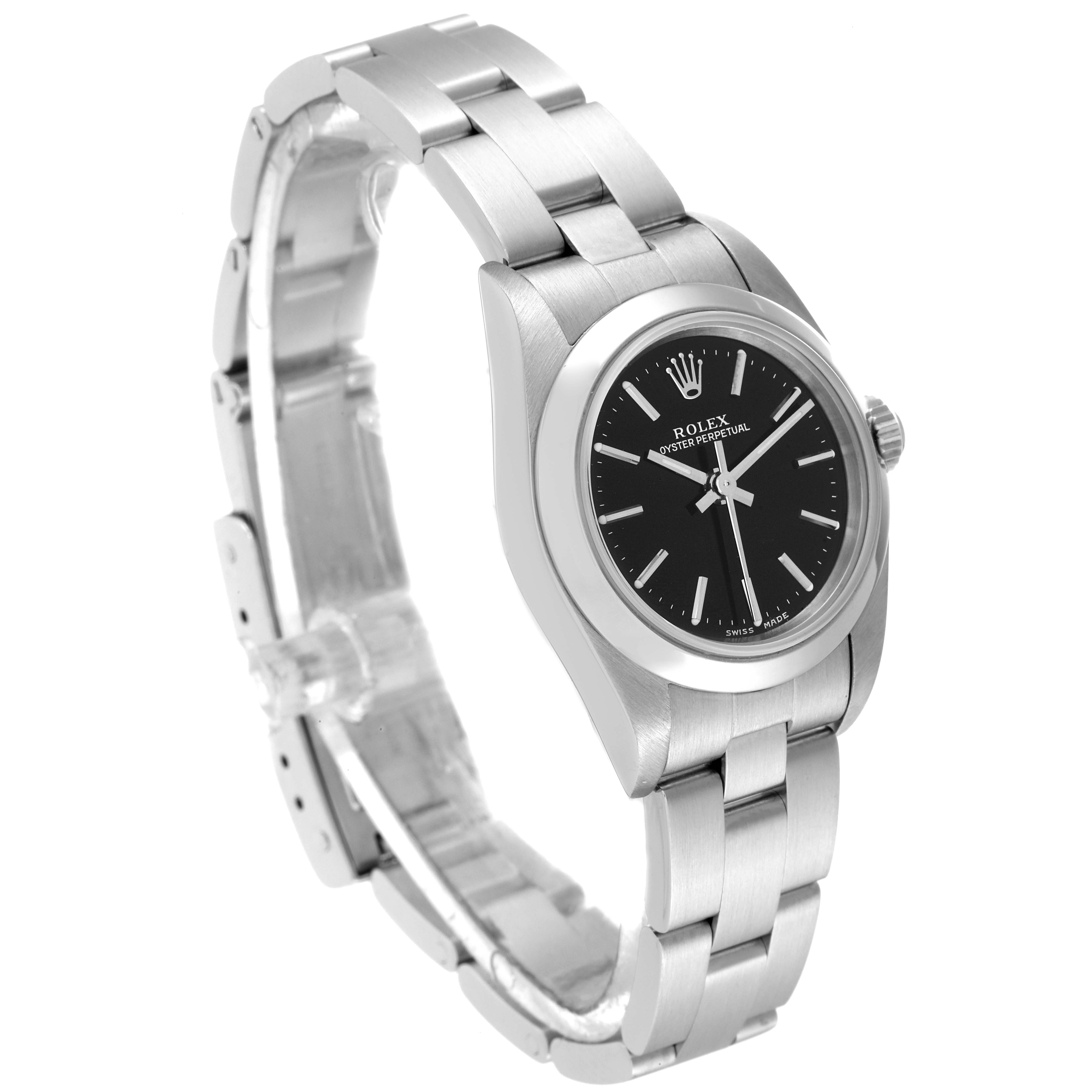 The image shows a Rolex Oyster Perpetual 76080 Women's Stainless Steel Black Dial 76080 Women's Stainless Steel Black Dial watch at a three-quarter angle, displaying the dial, bezel, crown, and bracelet.