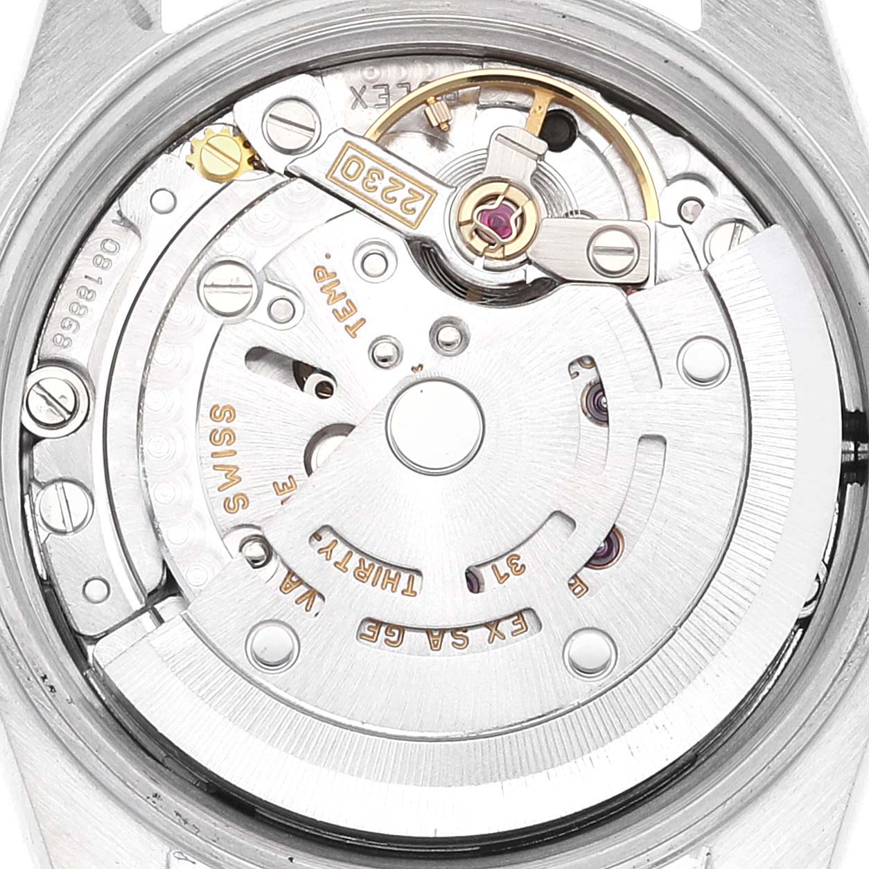 This image shows the internal mechanical mechanism of a Rolex Oyster Perpetual 76080 Women's Stainless Steel Black Dial 76080 Women's Stainless Steel Black Dial watch from a top-down angle.