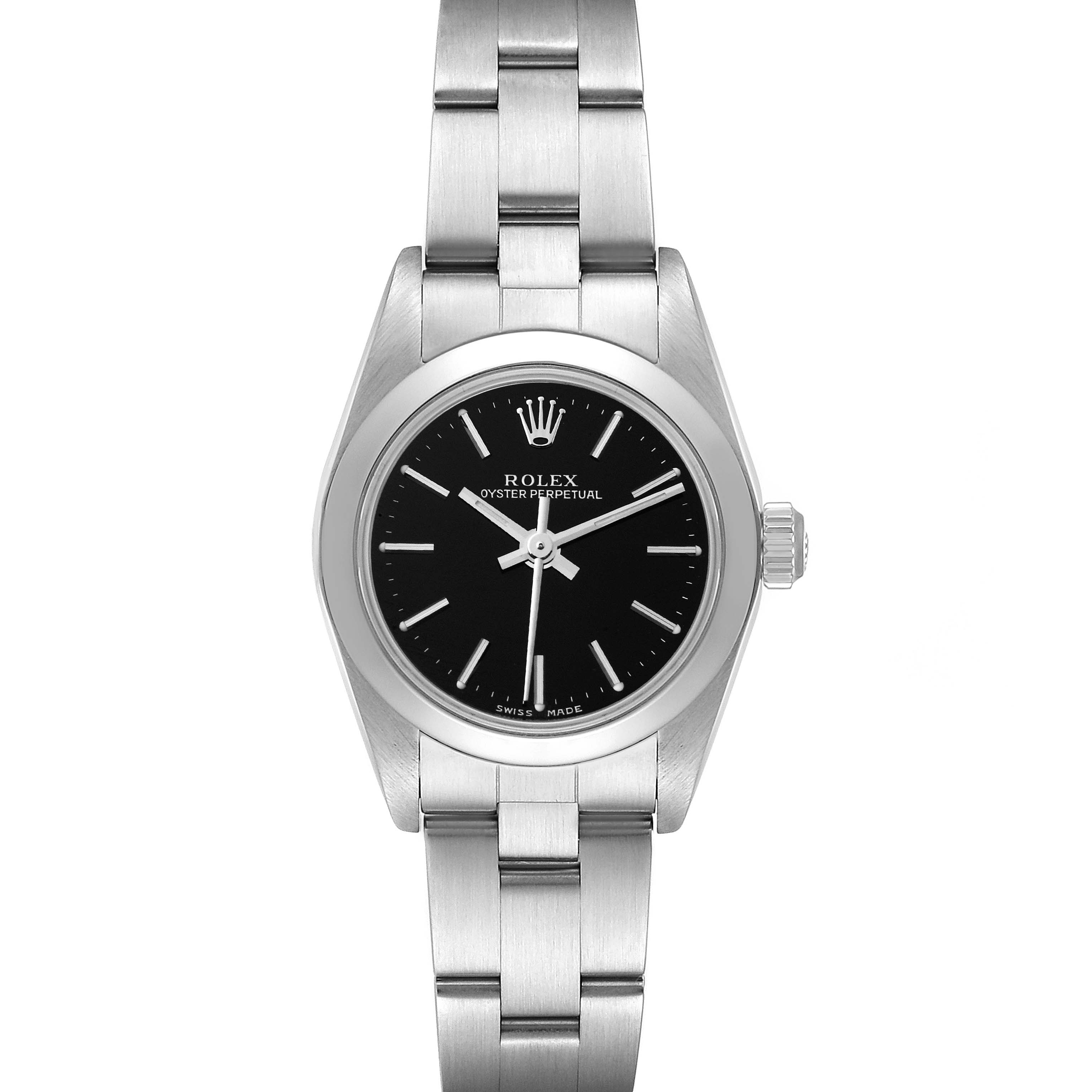 The Rolex Oyster Perpetual 76080 Women's Stainless Steel Black Dial 76080 Women's Stainless Steel Black Dial watch is shown from a top-down angle, displaying the face, bezel, crown, and bracelet.