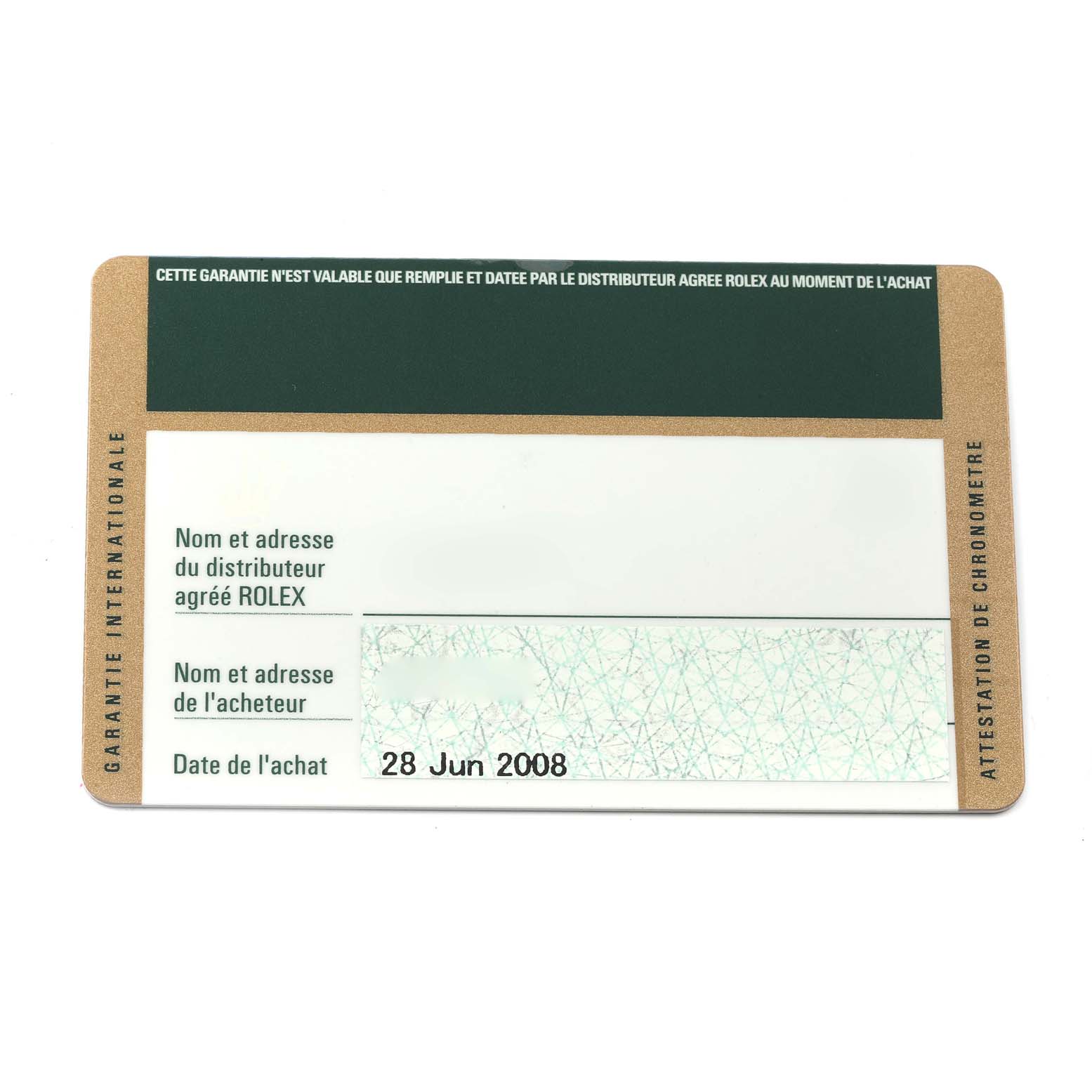 This image shows the warranty card for a Rolex Oyster Perpetual 176200 Women's Stainless Steel Blue Dial 176200 Women's Stainless Steel Blue Dial watch, including purchase date and distributor information.