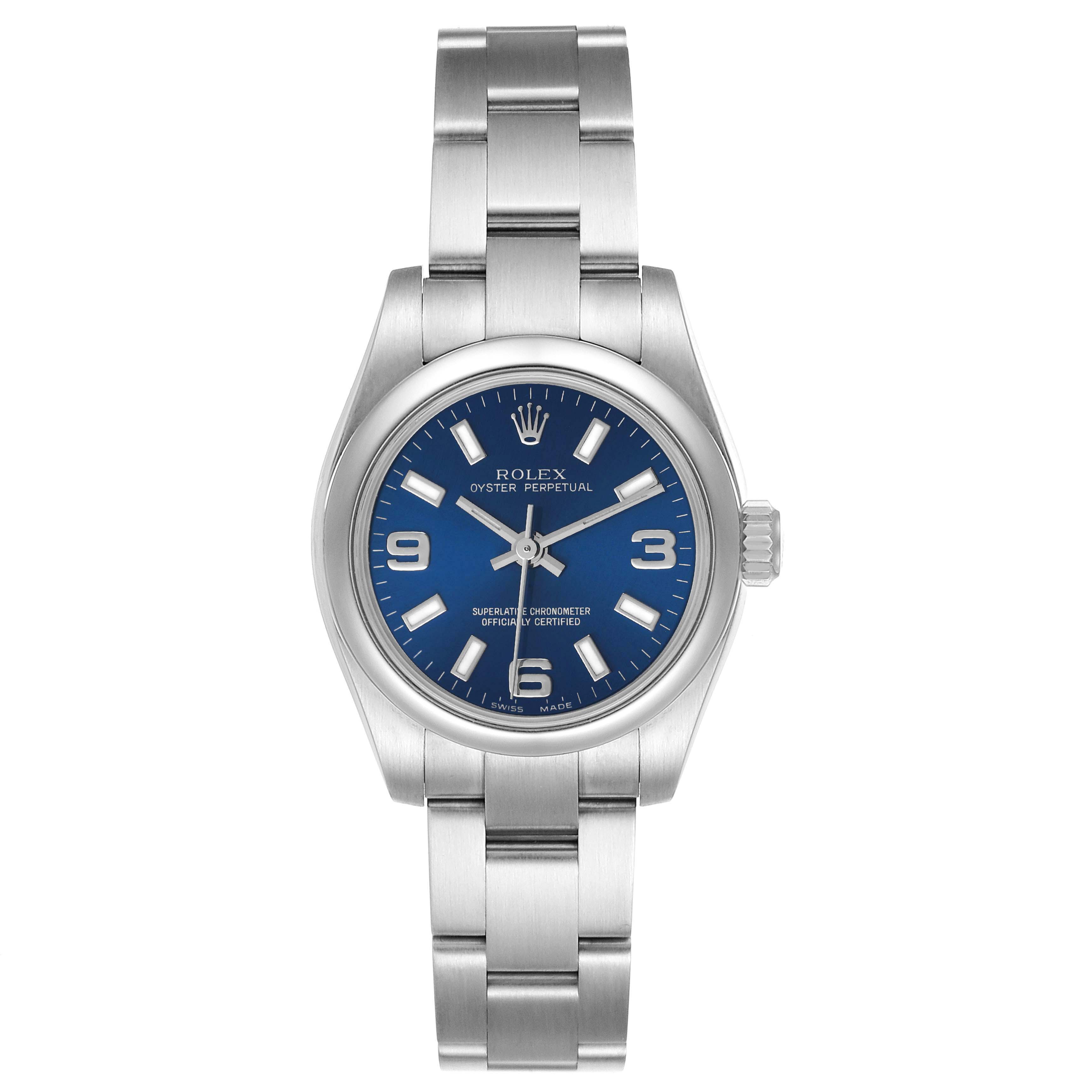 The image shows a Rolex Oyster Perpetual 176200 Women's Stainless Steel Blue Dial 176200 Women's Stainless Steel Blue Dial watch with a blue dial, viewed from a top-down angle.