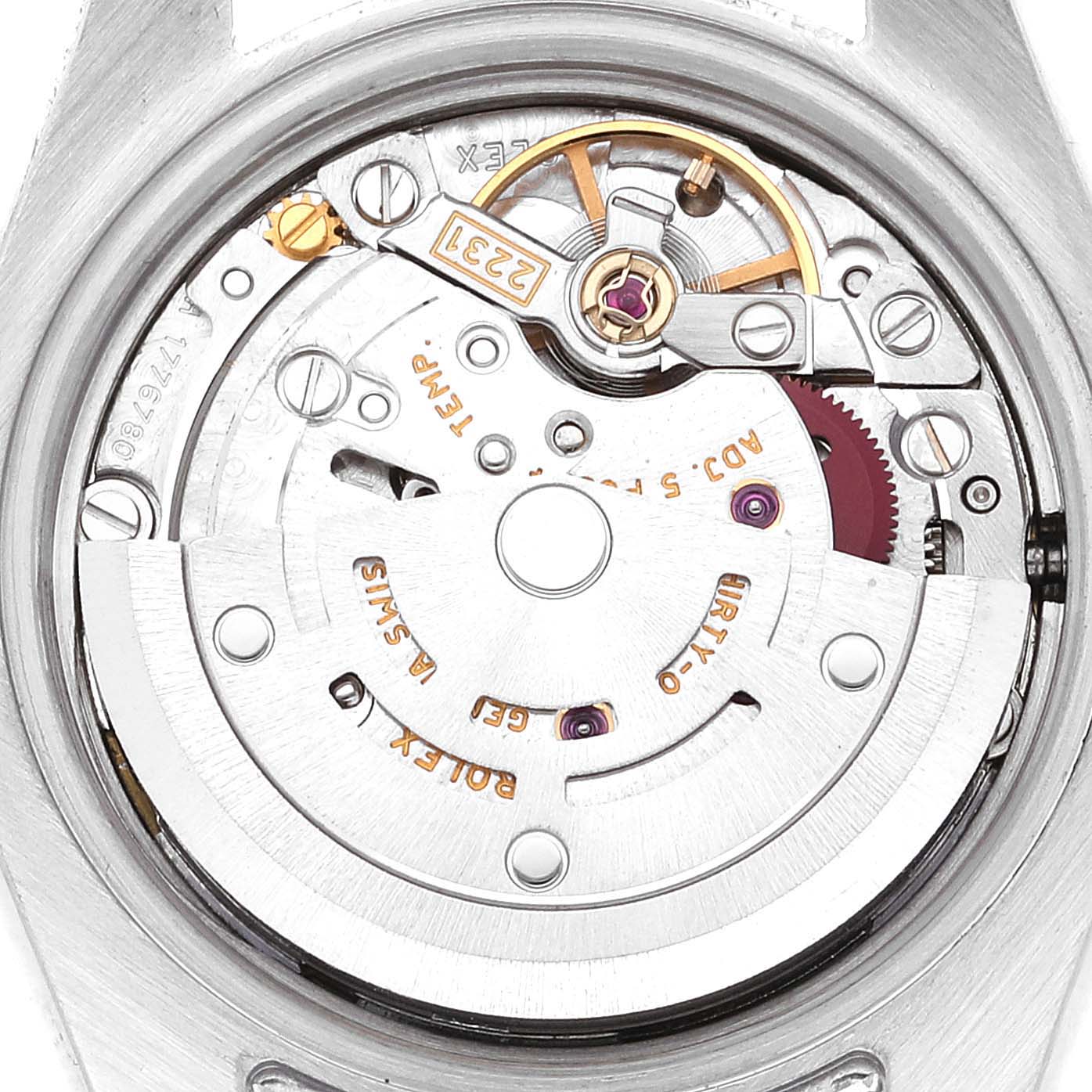 This image shows the inner mechanical movement of the Rolex Oyster Perpetual 176200 Women's Stainless Steel Blue Dial 176200 Women's Stainless Steel Blue Dial watch, viewed from the back.