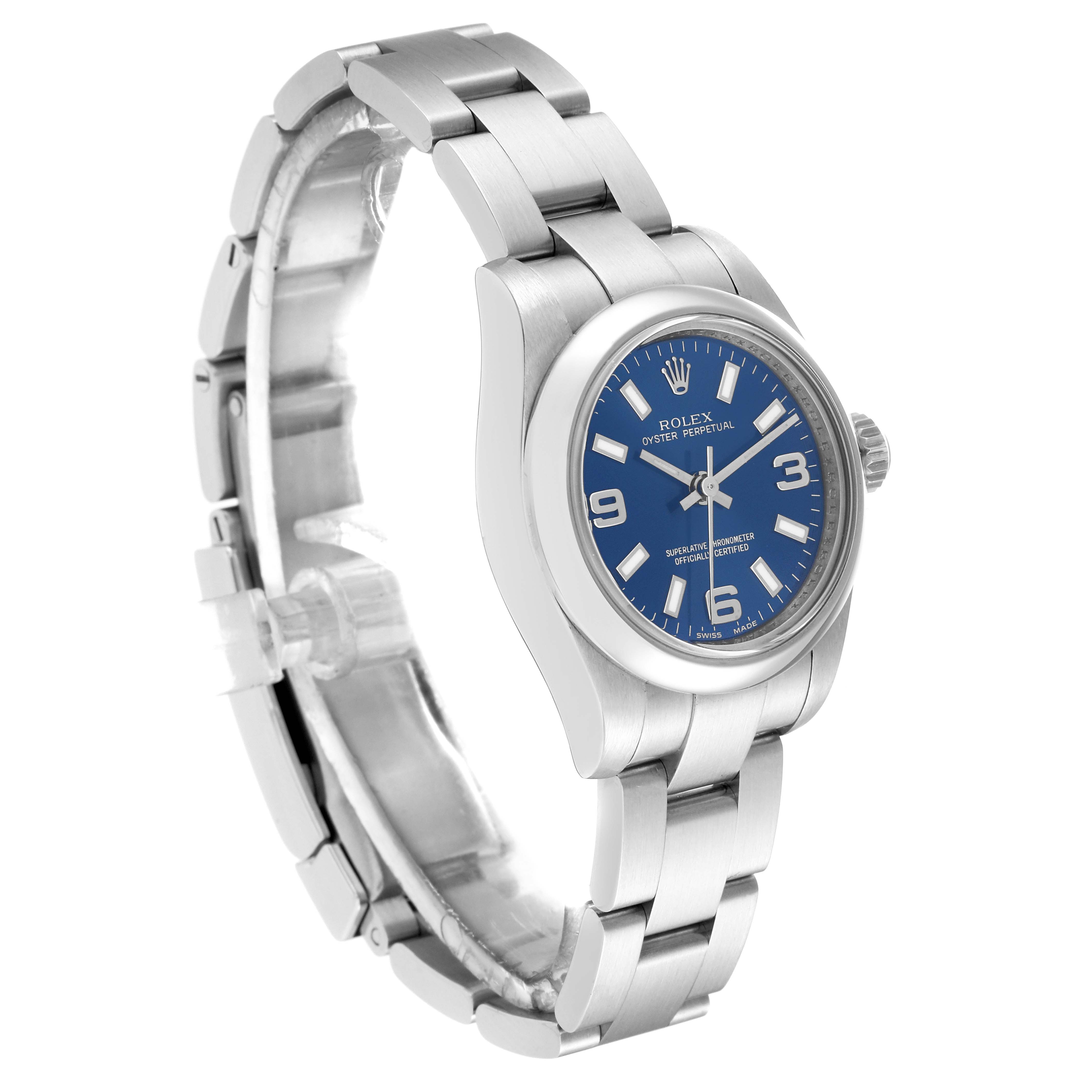 This image shows a side/front angle of a Rolex Oyster Perpetual 176200 Women's Stainless Steel Blue Dial 176200 Women's Stainless Steel Blue Dial watch with a blue dial and stainless steel bracelet.