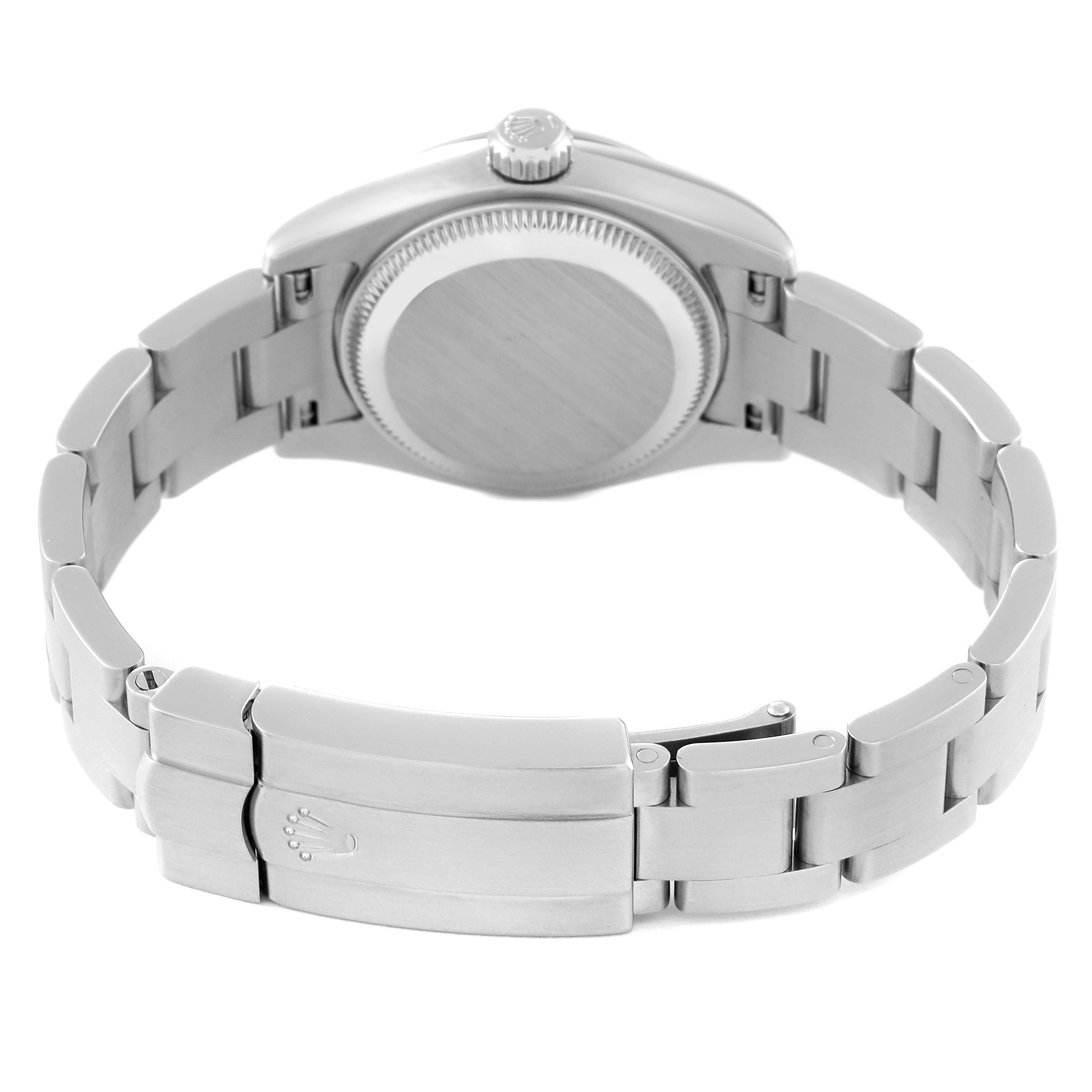 This image shows the case back and bracelet clasp of a Rolex Oyster Perpetual 176200 Women's Stainless Steel Blue Dial 176200 Women's Stainless Steel Blue Dial watch from the rear angle.