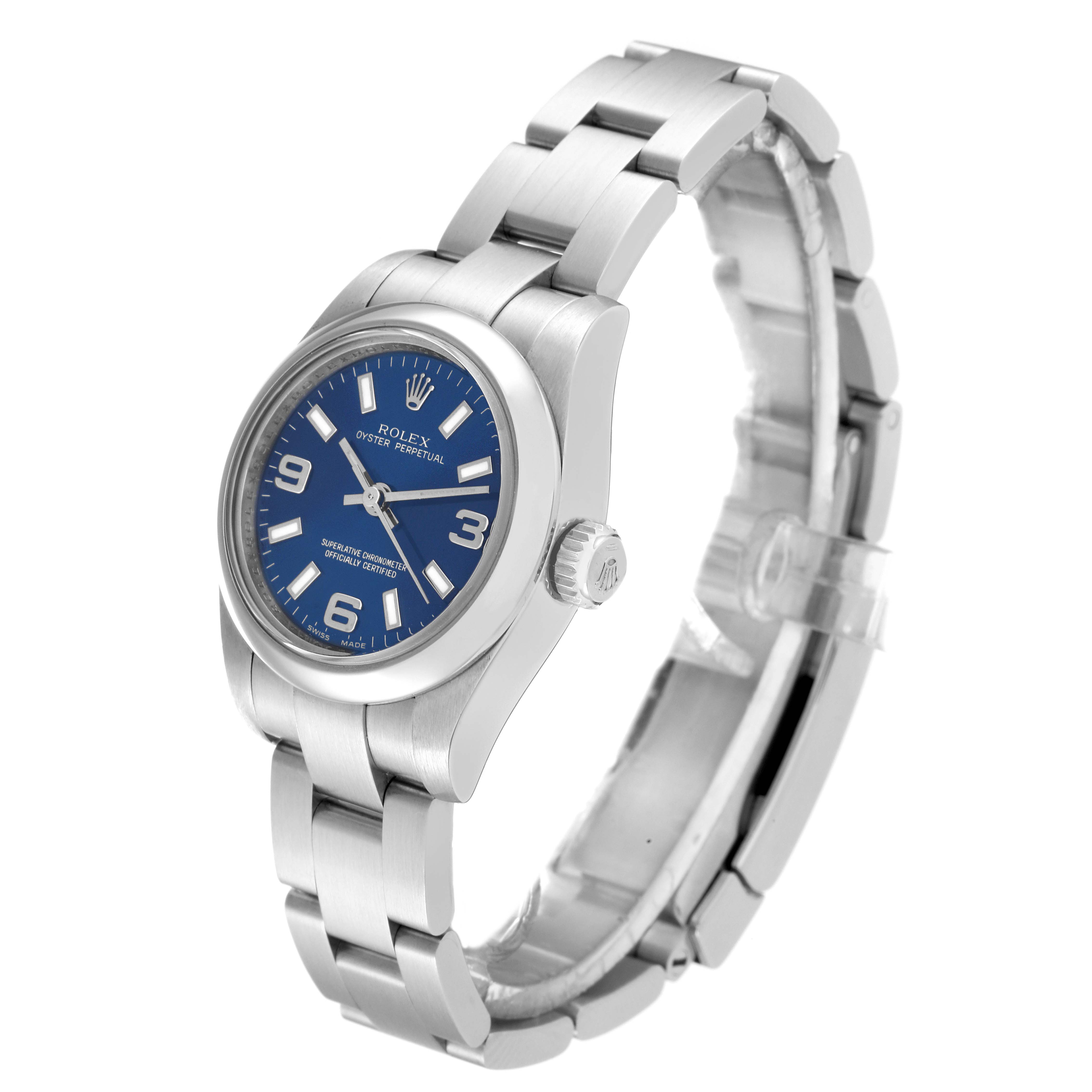 This Rolex Oyster Perpetual 176200 Women's Stainless Steel Blue Dial 176200 Women's Stainless Steel Blue Dial watch is shown at an angled side view, displaying the bracelet, dial, and crown.