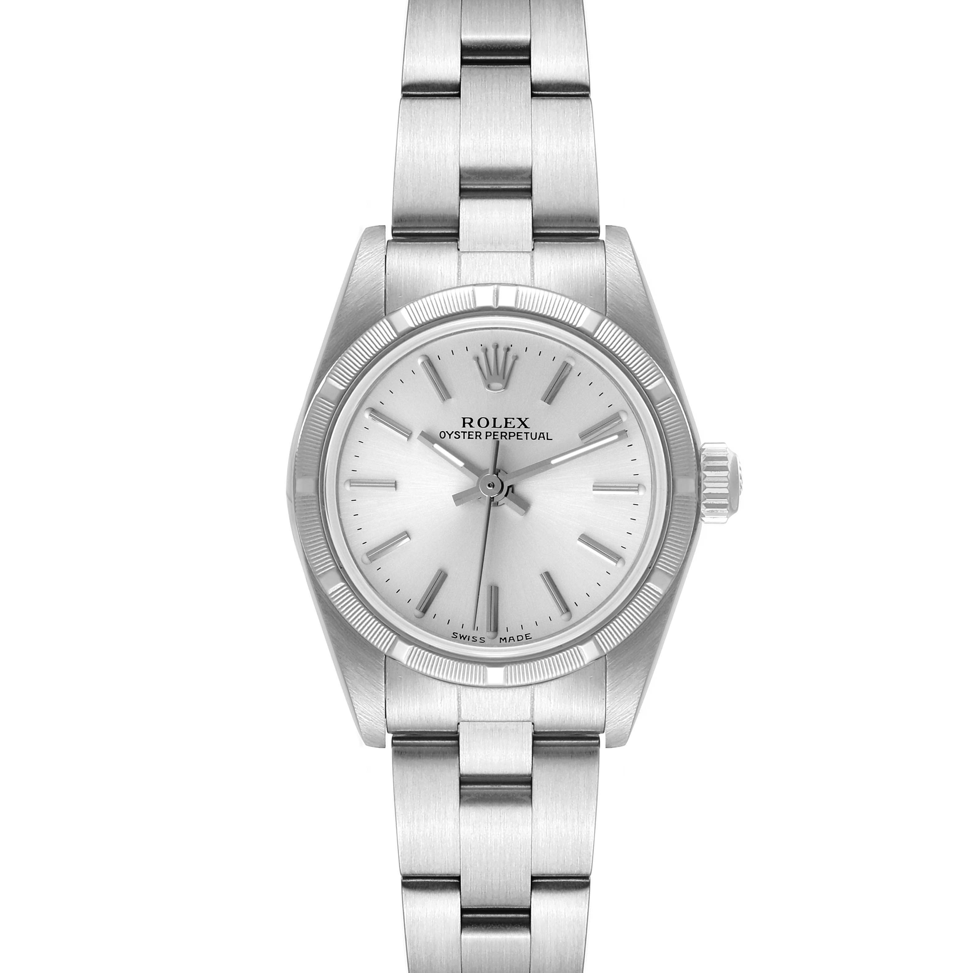 The image shows a Rolex Oyster Perpetual 76030 Women
s Stainless Steel Silver Dial 76030 Women
s Stainless Steel Silver Dial watch from a front angle, highlighting its face, bezel, and bracelet.