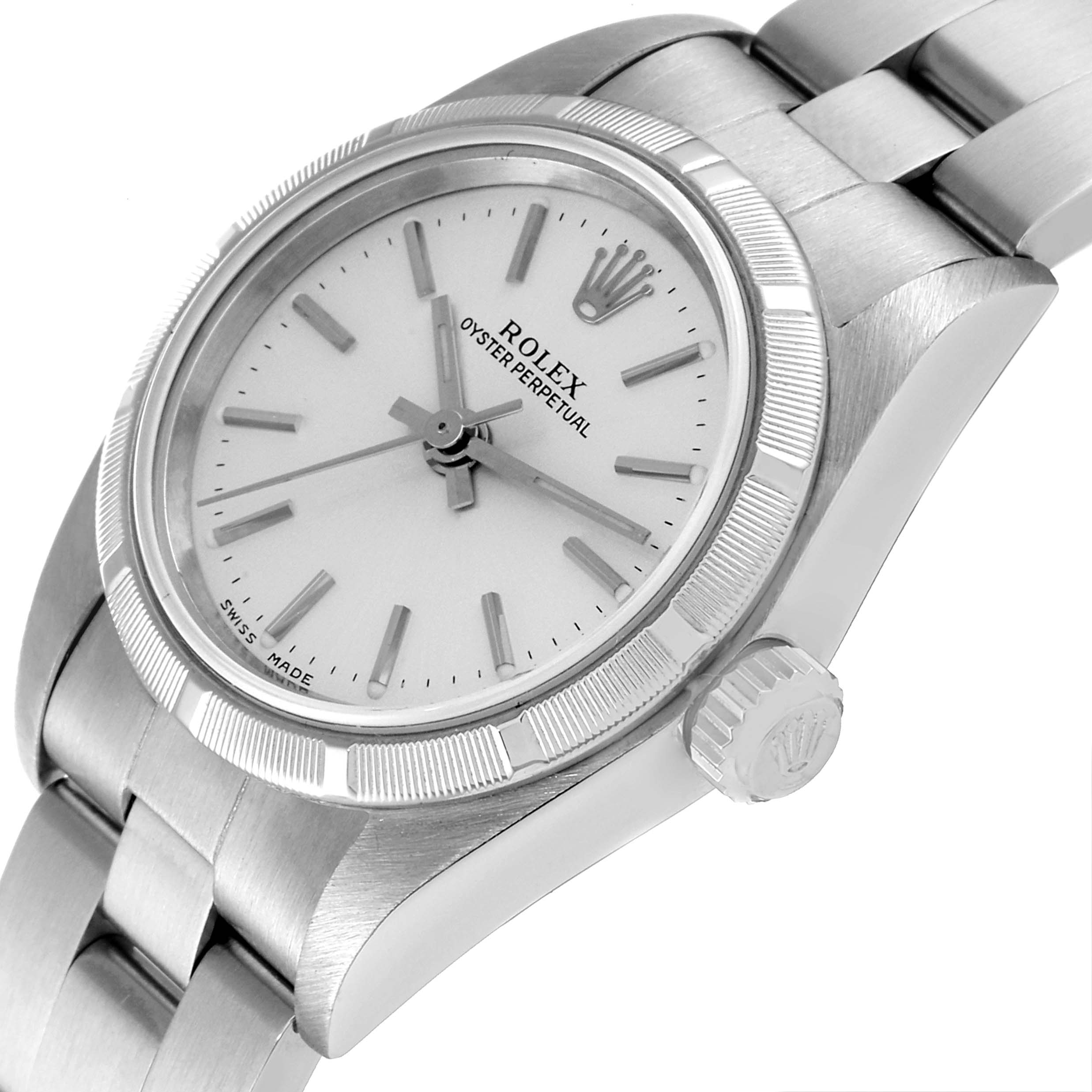 This image shows a close-up angled view of the Rolex Oyster Perpetual 76030 Women
s Stainless Steel Silver Dial 76030 Women
s Stainless Steel Silver Dial watch, highlighting its dial, bezel, crown, and bracelet.