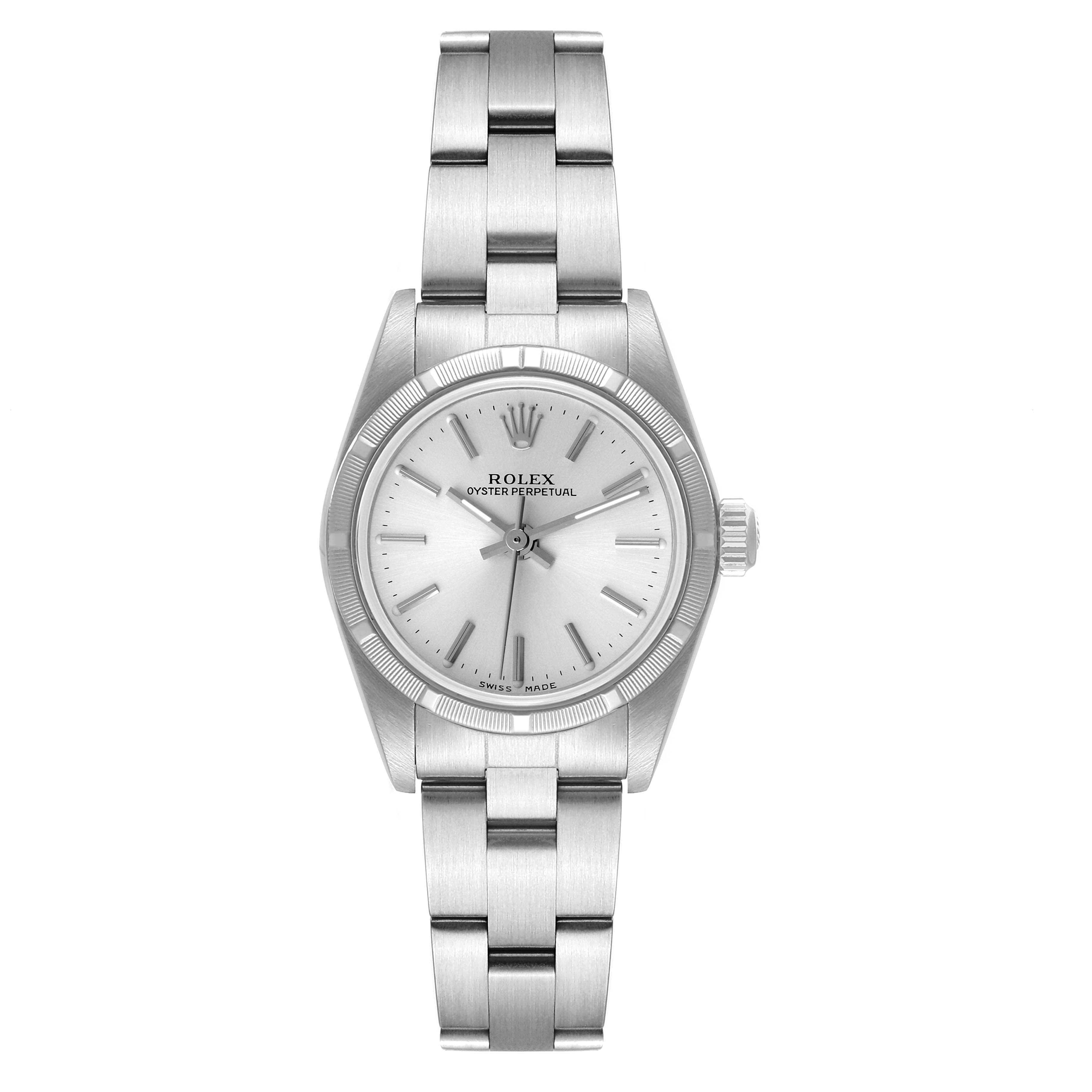 The watch is a Rolex Oyster Perpetual 76030 Women
s Stainless Steel Silver Dial 76030 Women
s Stainless Steel Silver Dial model, shown from a front angle highlighting the face, bezel, and bracelet.