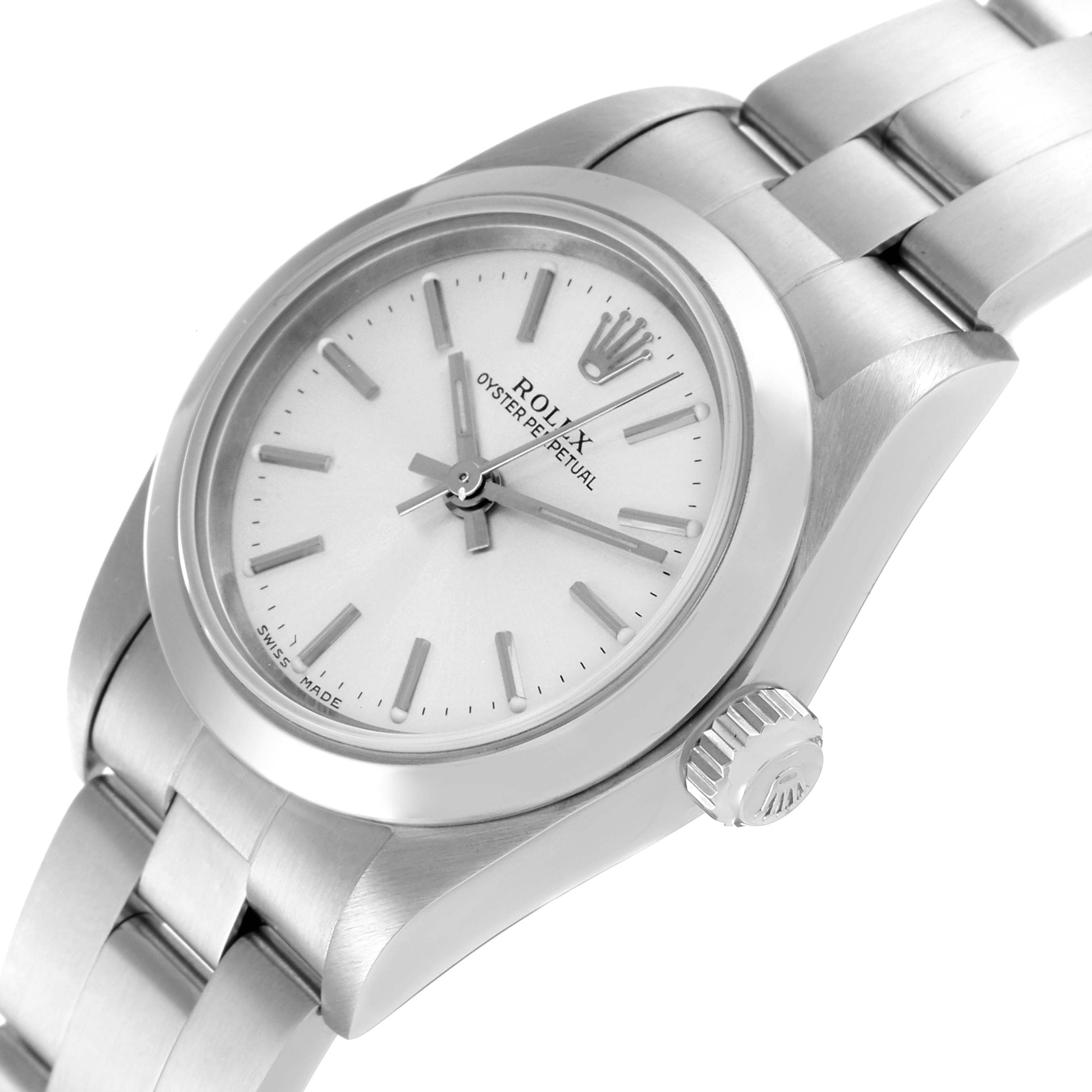 The image shows a Rolex Oyster Perpetual 76080 Women
s Stainless Steel Silver Dial 76080 Women
s Stainless Steel Silver Dial watch at an angled close-up, displaying the dial, crown, and part of the bracelet.