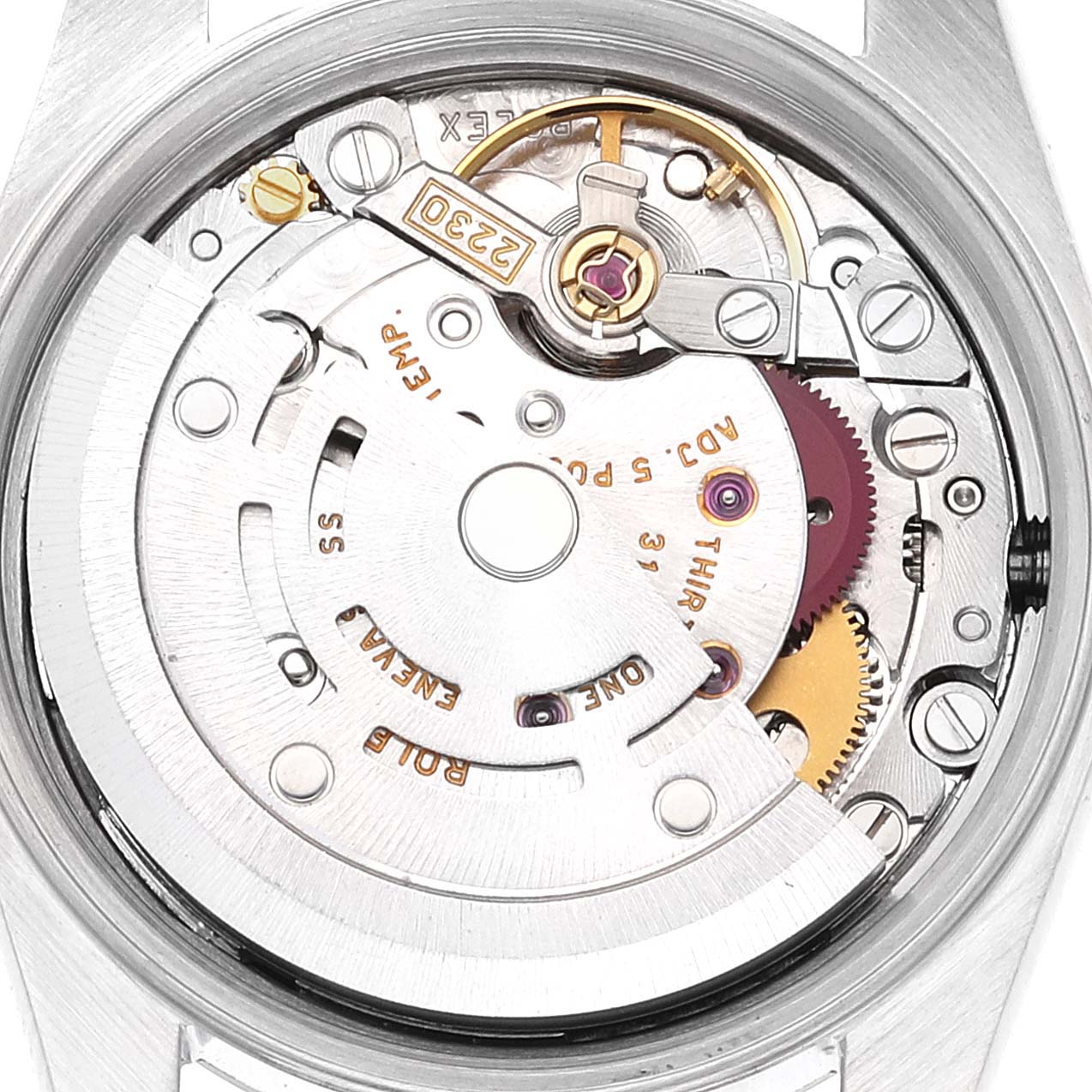 This image shows the detailed internal mechanism of a Rolex Oyster Perpetual 76080 Women
s Stainless Steel Silver Dial 76080 Women
s Stainless Steel Silver Dial watch from a back angle, highlighting its intricate components.