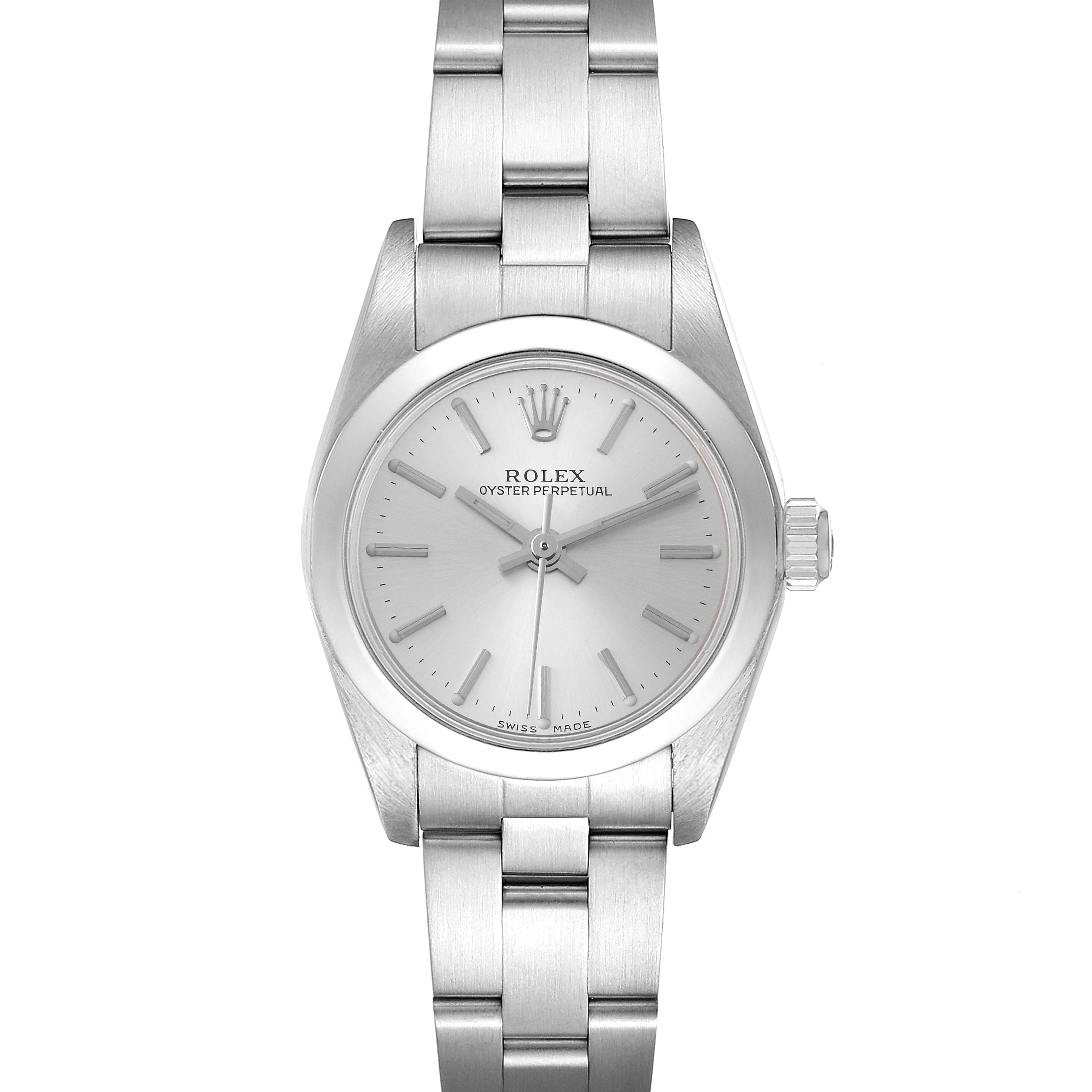 The image shows a front view of a Rolex Oyster Perpetual 76080 Women
s Stainless Steel Silver Dial 76080 Women
s Stainless Steel Silver Dial watch featuring its face, crown, and metal bracelet.