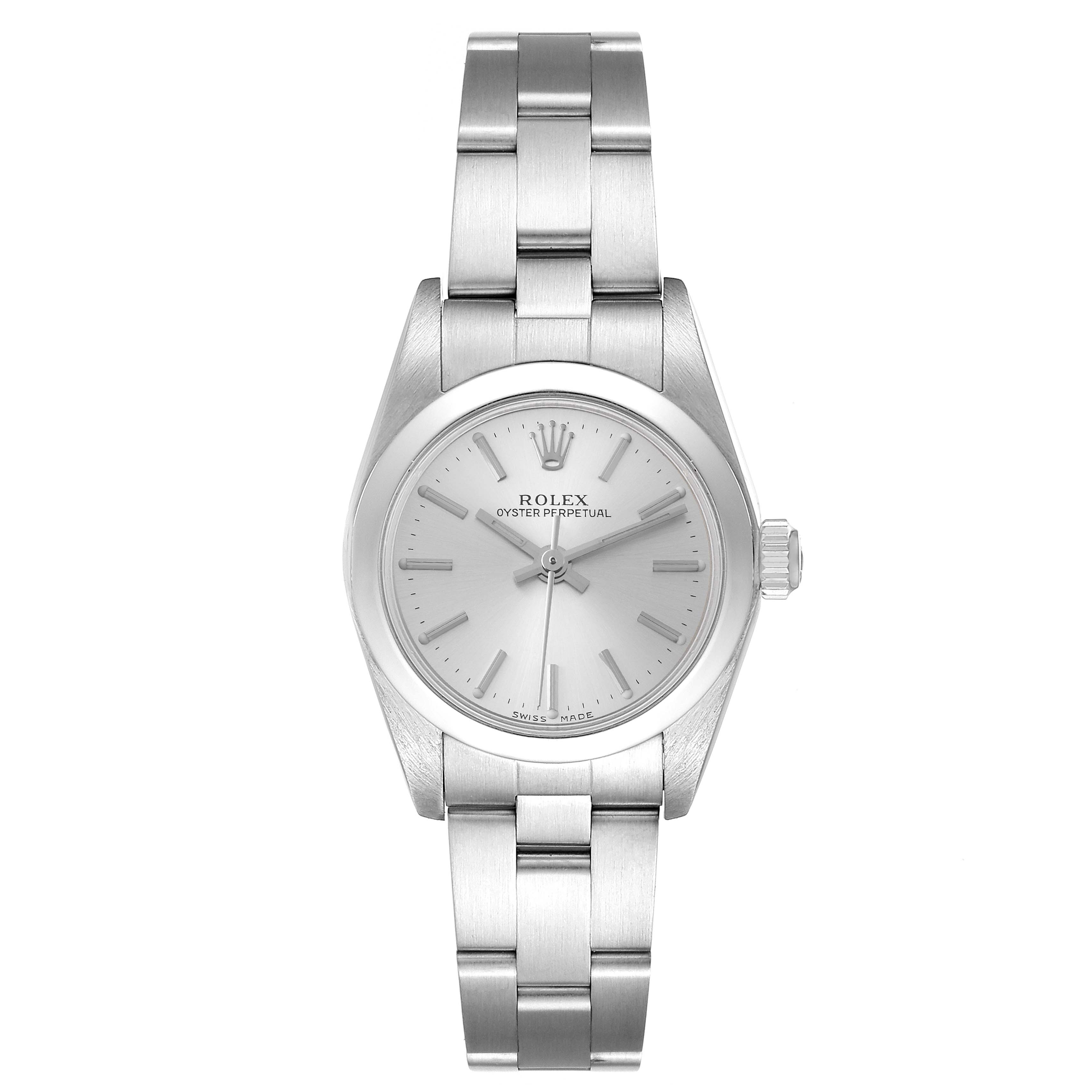 This image shows a front view of a Rolex Oyster Perpetual 76080 Women
s Stainless Steel Silver Dial 76080 Women
s Stainless Steel Silver Dial watch, displaying the dial, bezel, and bracelet.