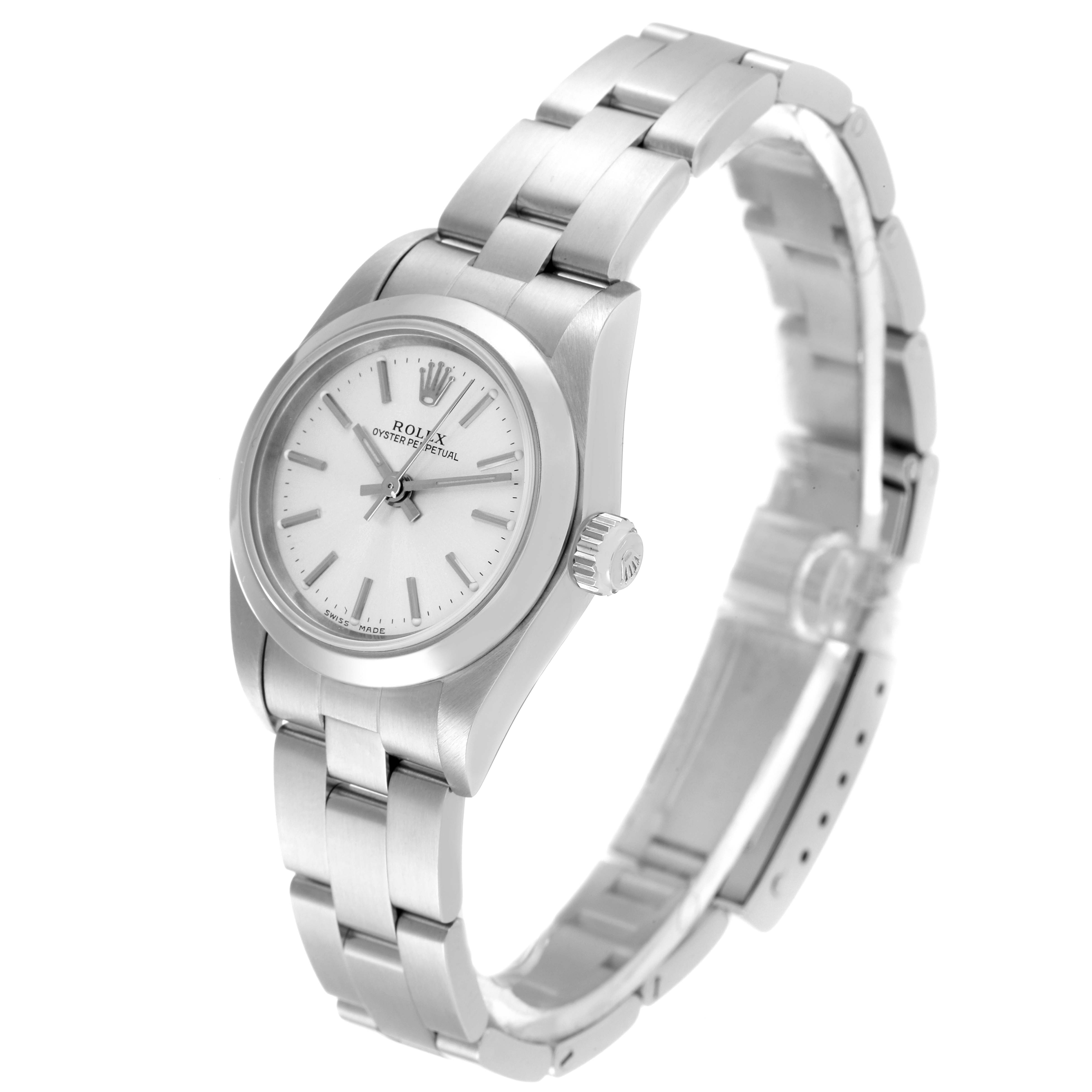 The image shows a side angle of the Rolex Oyster Perpetual 76080 Women
s Stainless Steel Silver Dial 76080 Women
s Stainless Steel Silver Dial watch, highlighting the face, crown, and bracelet.
