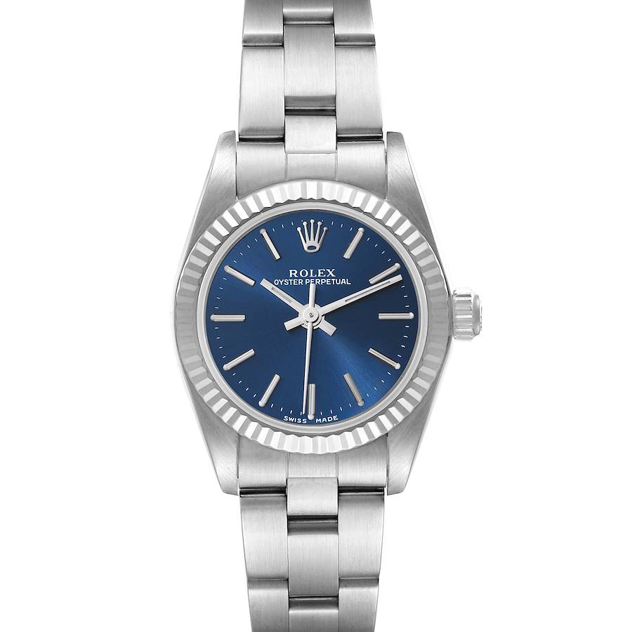 Rolex Oyster Perpetual Steel White Gold Blue Dial Watch 76094 Box Service Card SwissWatchExpo