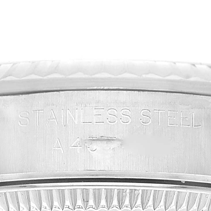 This image shows the side engraving on a stainless steel Oyster Perpetual model by Rolex.