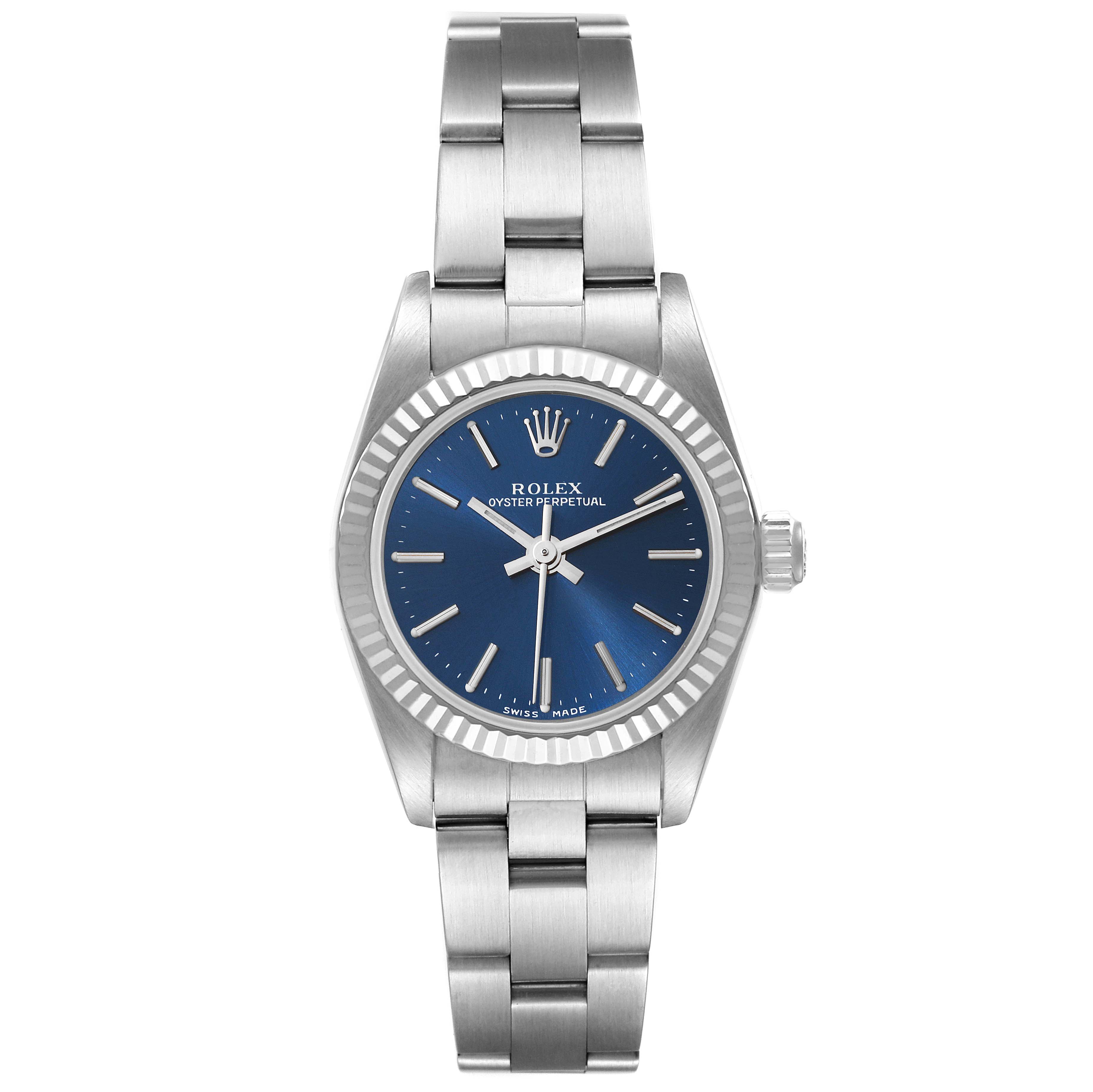 The Rolex Oyster Perpetual 76094 Women
s Stainless Steel Blue Dial 76094 Women
s Stainless Steel Blue Dial watch is shown from a top view, displaying its face, bezel, and bracelet.