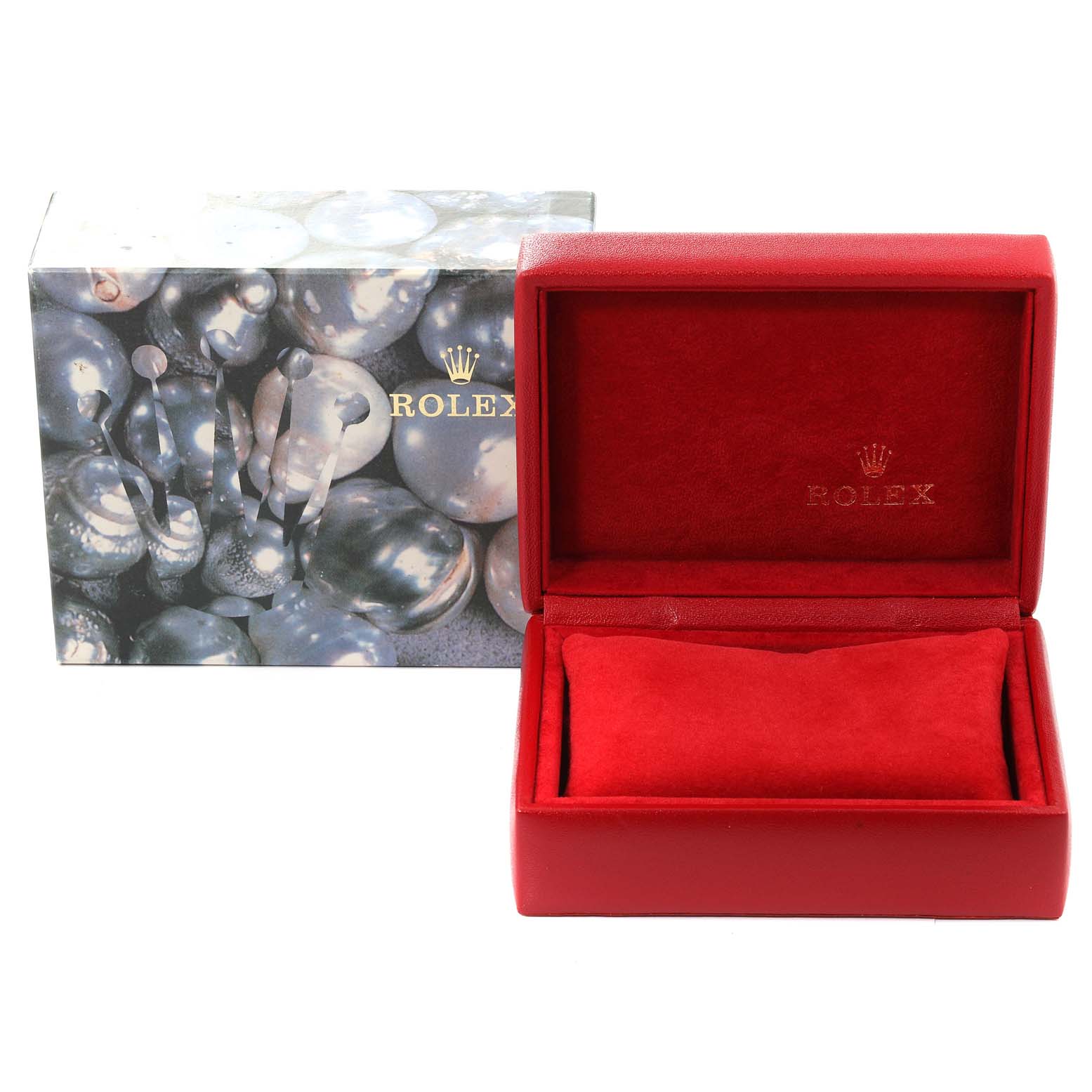 This image shows a red Rolex Oyster Perpetual 76094 Women
s Stainless Steel Blue Dial 76094 Women
s Stainless Steel Blue Dial watch box with an outer decorative box in the background.