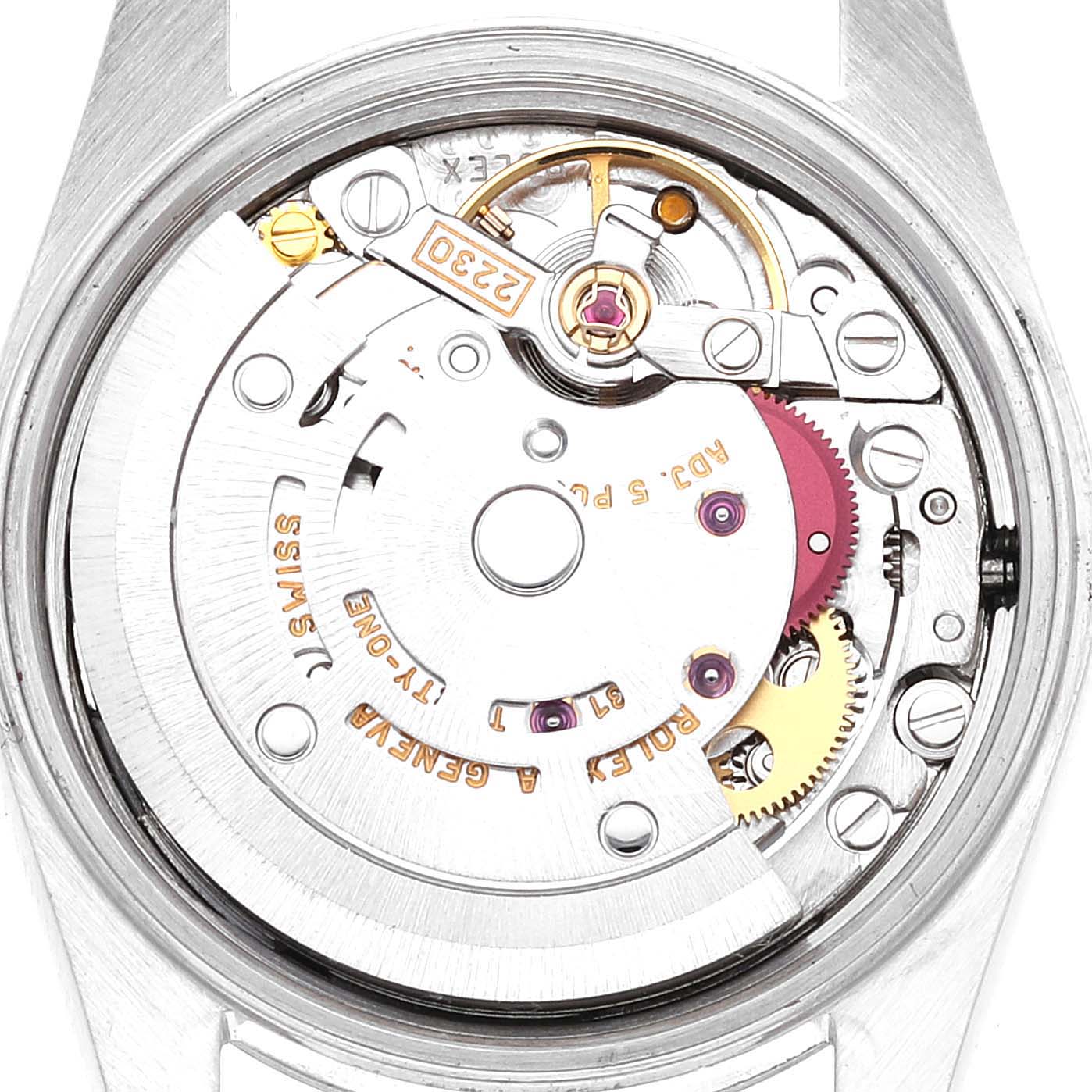 This image shows the inner movement mechanism of a Rolex Oyster Perpetual 76094 Women
s Stainless Steel Blue Dial 76094 Women
s Stainless Steel Blue Dial watch from a top-down angle.