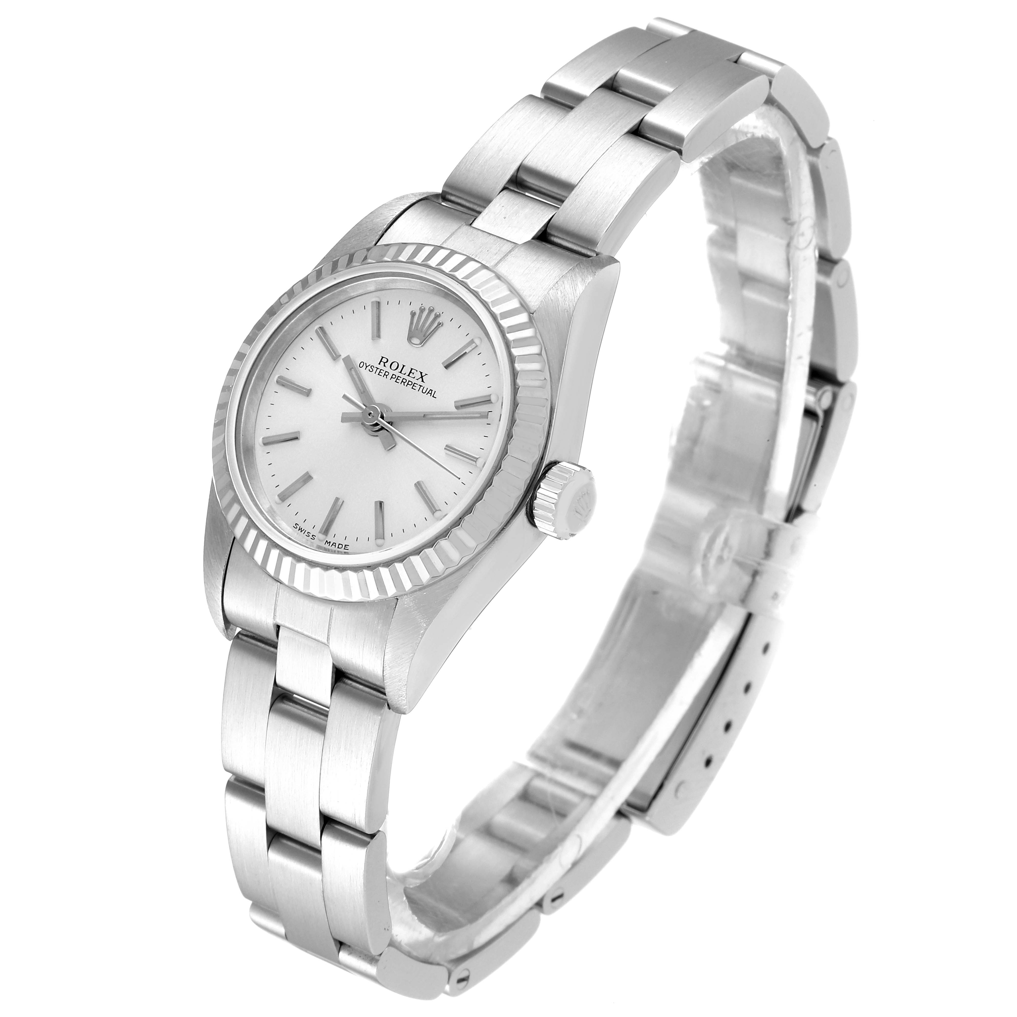 The image shows a Rolex Oyster Perpetual 76094 Women's Stainless Steel Silver Dial 76094 Women's Stainless Steel Silver Dial watch at a slight angle highlighting the face, bezel, crown, and bracelet.